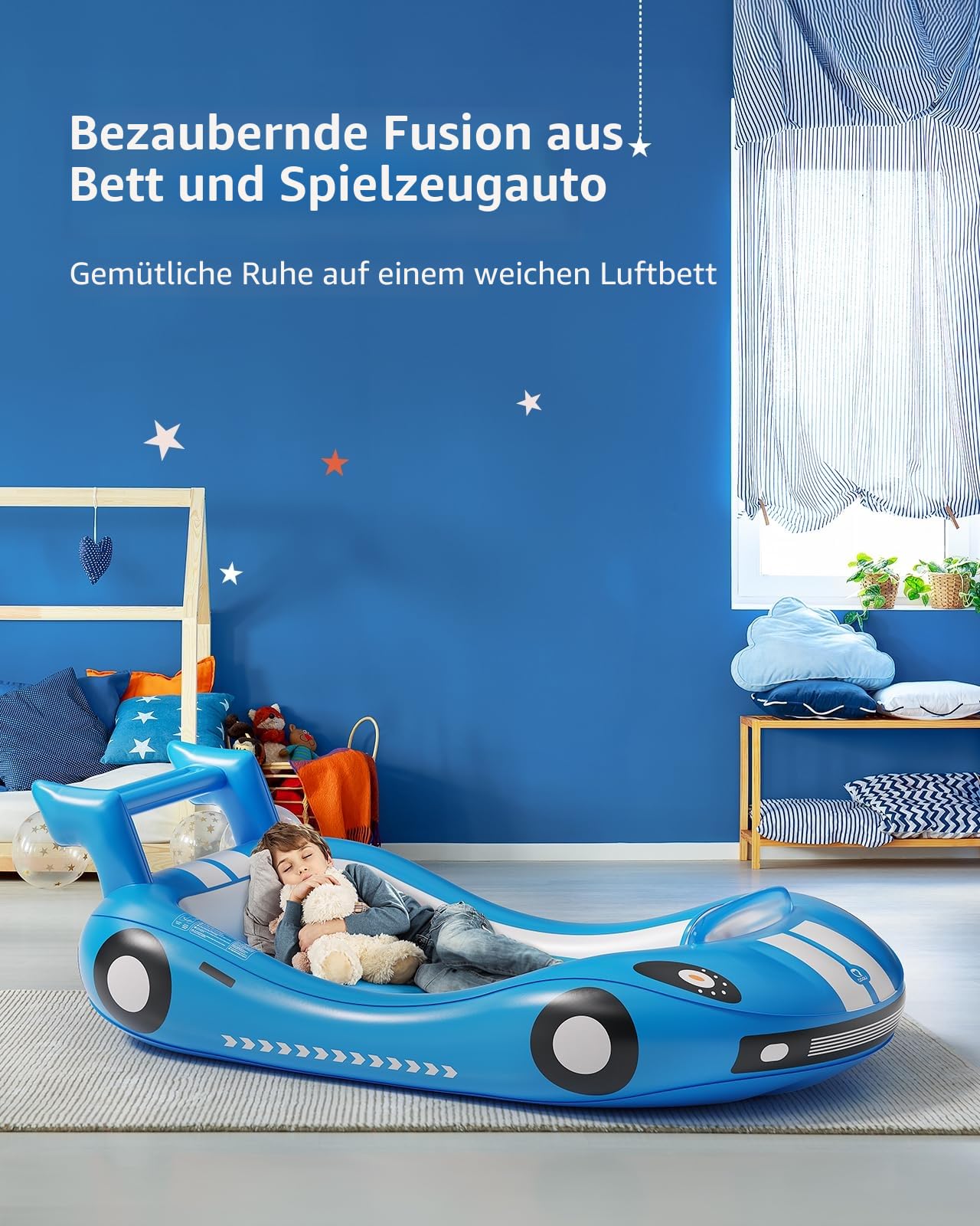 QPAU Aufblasbares Kinderreisebett mit Rausfallschutz 202x115cm – Inkl. Handpumpe+Tragetasche – Luftmatratze für Kleinkinder Schlafen – Campingbett & Hotelbett Reisen/Zuhause – Blau