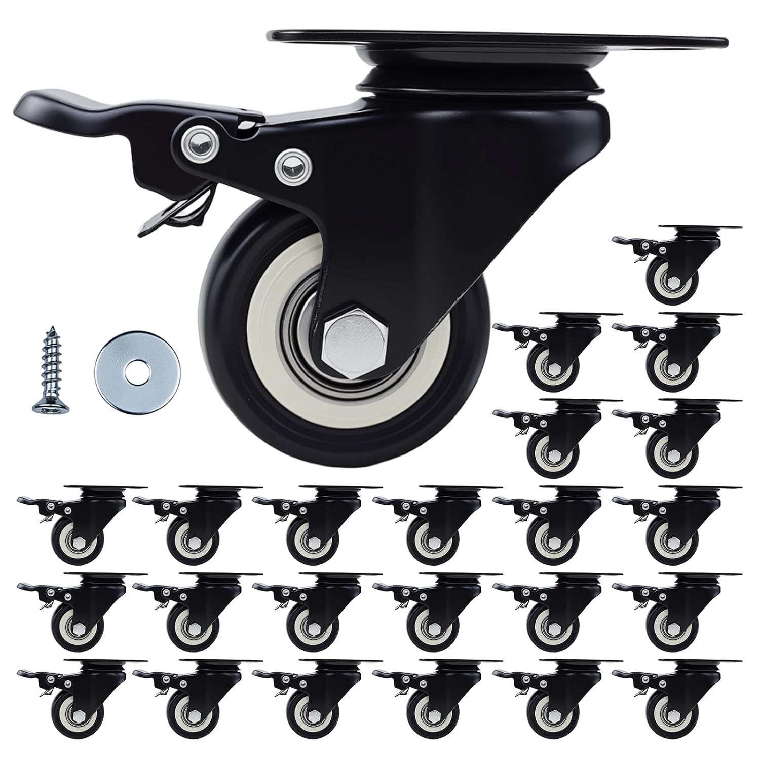2 Inch Caster Wheels Set of 24 Heavy Duty Casters,with Brake,No Noise Locking Polyurethane (PU) Wheels, for Furniture and Workbench Load 800lbs