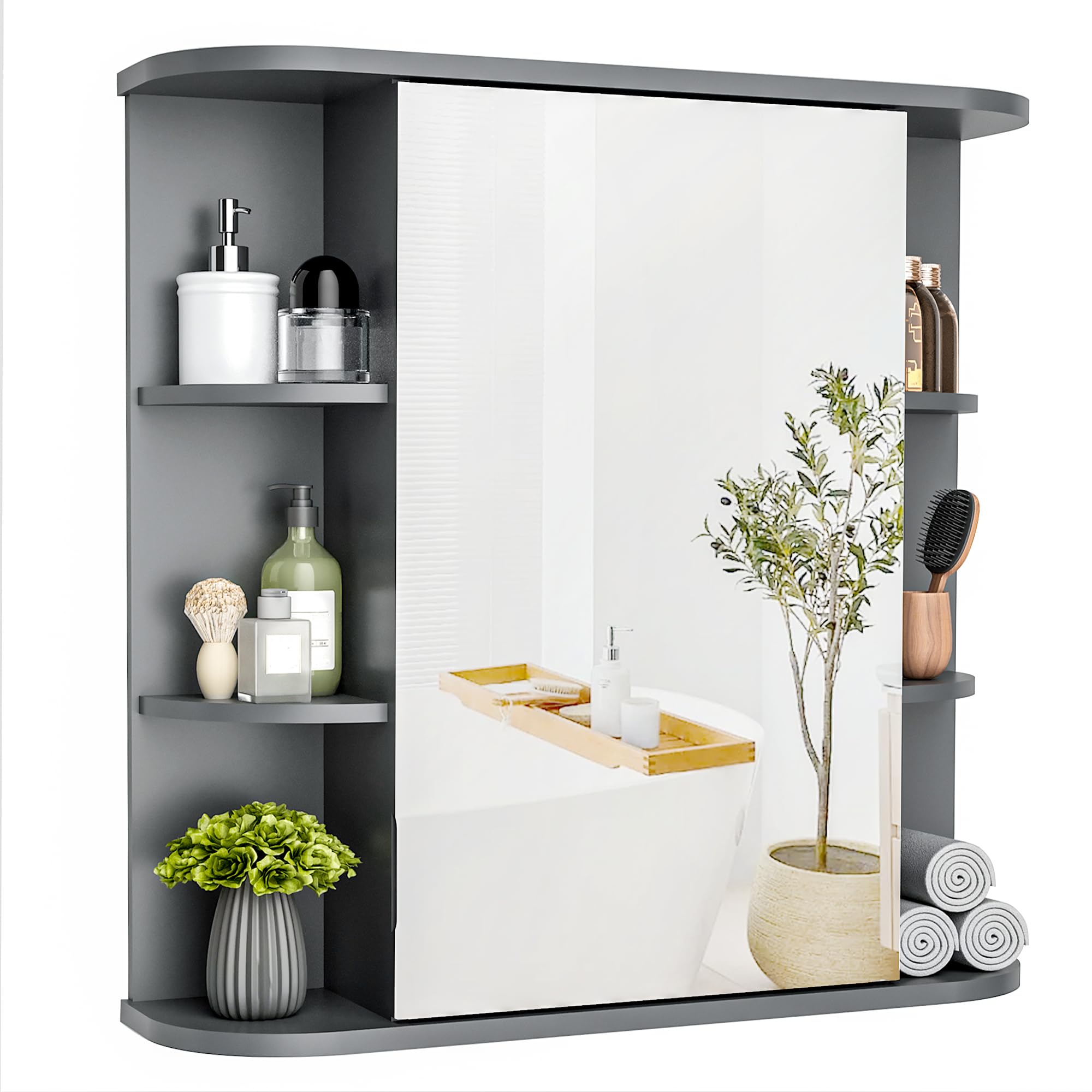 Pamapic Spiegelschränke fürs Bad, Badezimmerschrank mit Spiegel, Hängeschrank Badezimmer mit verstellbaren Ablagen, Schrank mit Badezimmerspiegel, Wandschrank,67,5 x 60 cm, Grau
