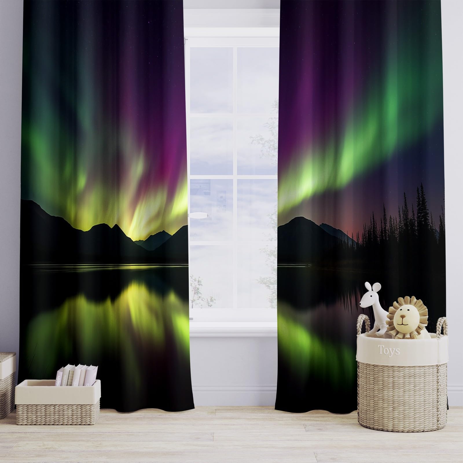 Grün Blickdicht Vorhänge für Wohnzimmer Nordlichter Seeblick Verdunklungsvorhang mit Ösen, Blickdicht Gardinen Thermovorhang für Schlafzimmer Deko 2er Set, H 260 x B 140 cm