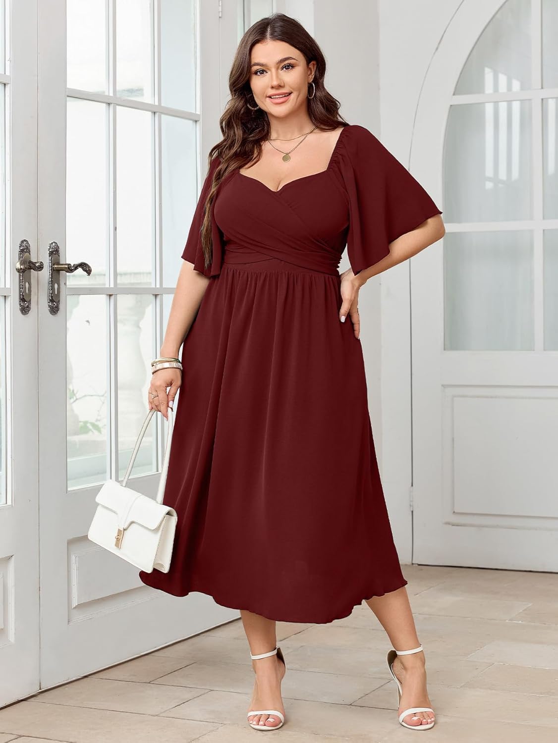Women's Plus Size Midi Dress Sweetheart Neck Short Sleeve Wedding Guest Cocktail A Line Flowy Dress - Image 7