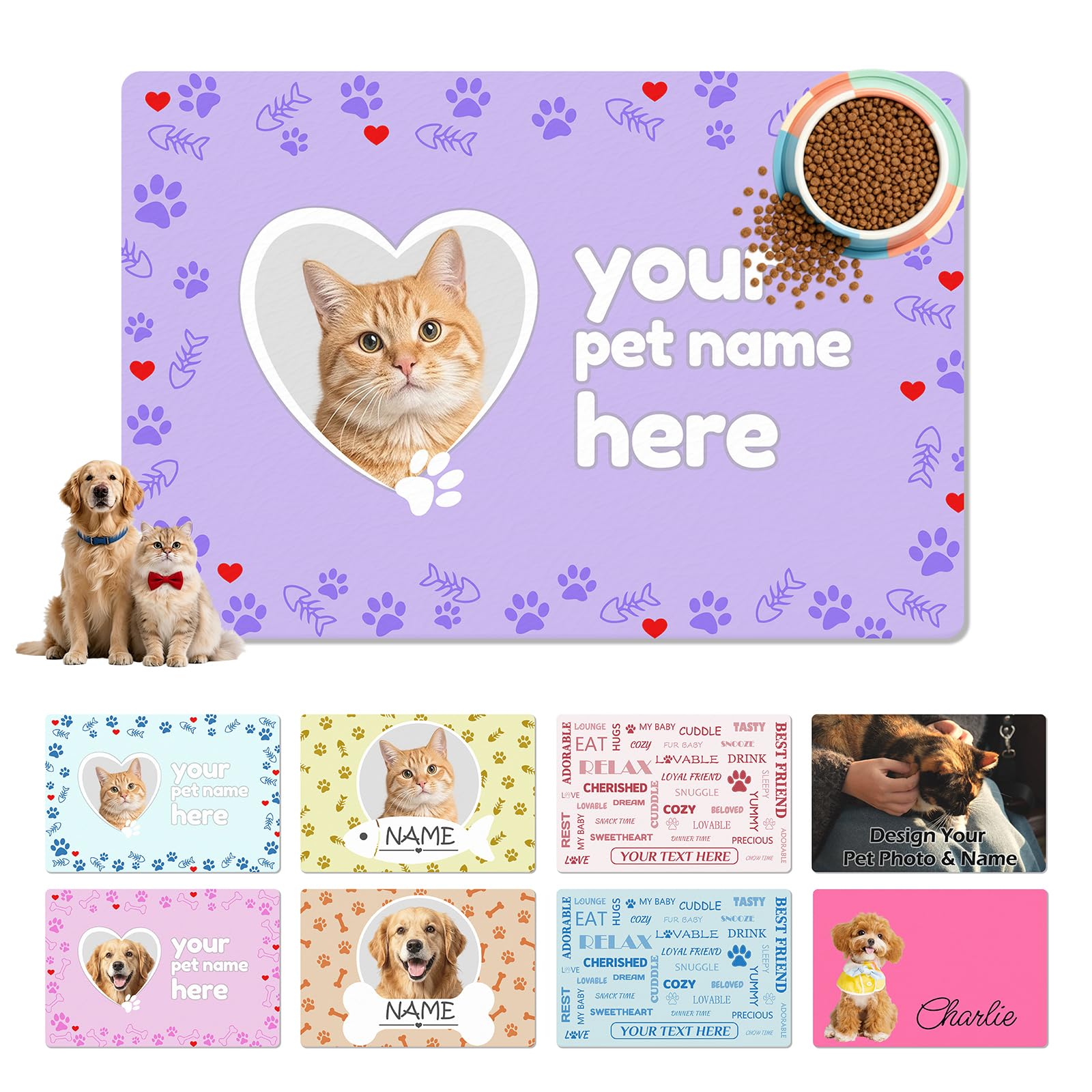 Custom Cat Food Mat with Pet Name Photo Personalised Dog Bowl Mats Non Slip Customised Pet Feeding Mat to Protects Floors Absorbent PU Custom Water Mats Quick Drying for Dog Mum Cat Dad