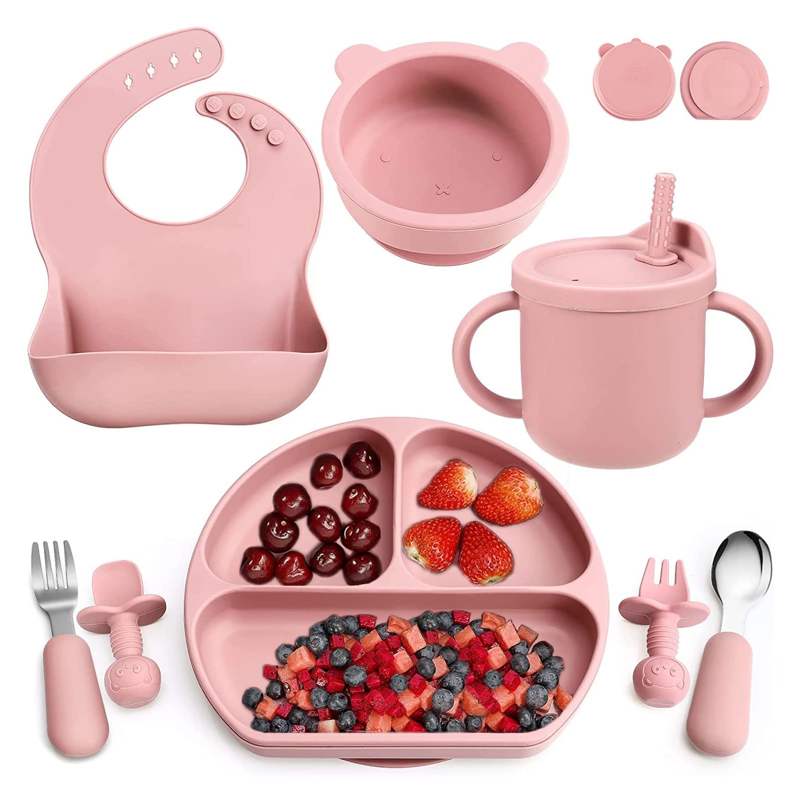 LinJie Baby Feeding Set,Baby Tableware Set With Suction Bowl Divided Plate,Baby Led Weaning Supplies With Spoons Forks Sippy Cup Adjustable Bib,Eating Utensils For 6+ Months (pink)