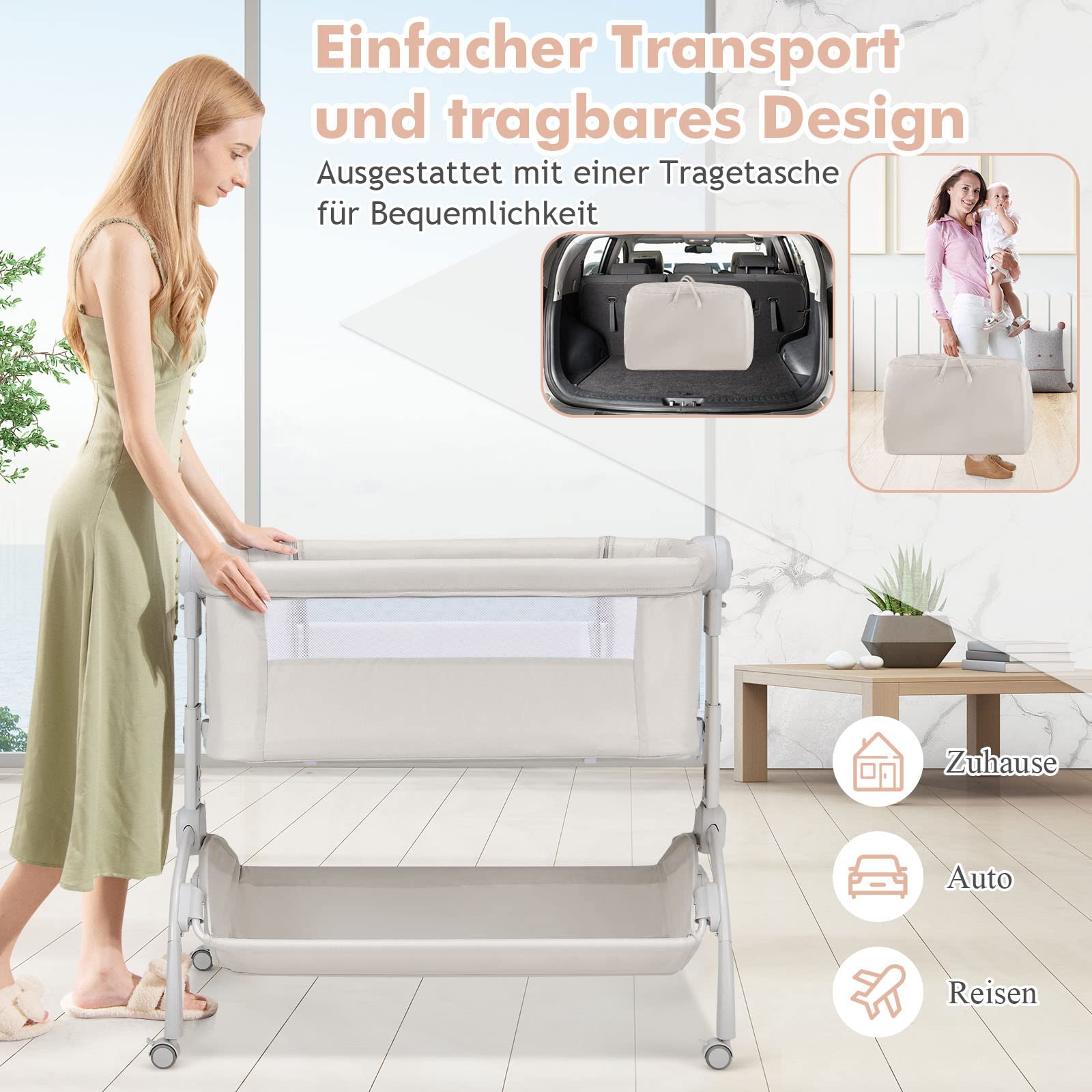 GOPLUS Baby Beistellbett, 3-in-1-Babywiege mit Matratze & Tragetasche & Aufbewahrungskorb, 7-Fach höhenverstellbares Babybett, neigbarer Stubenwagen für Neugeborene bis 9 kg Belastbar (Beige)