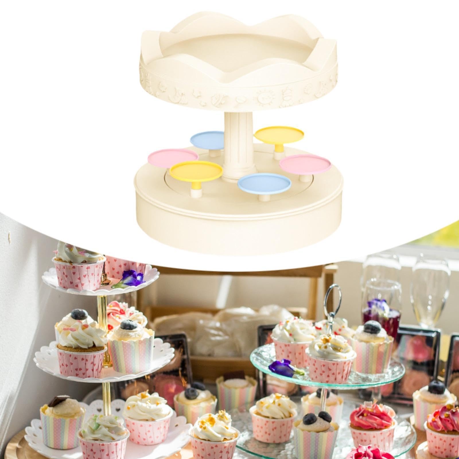 perfk Bandeja giratoria para Servir, Expositor Giratorio para Sushi, Soporte Multiusos Resistente con autorrotación para Cupcakes, Ideal para Aniversarios y, 2 Niveles con Música