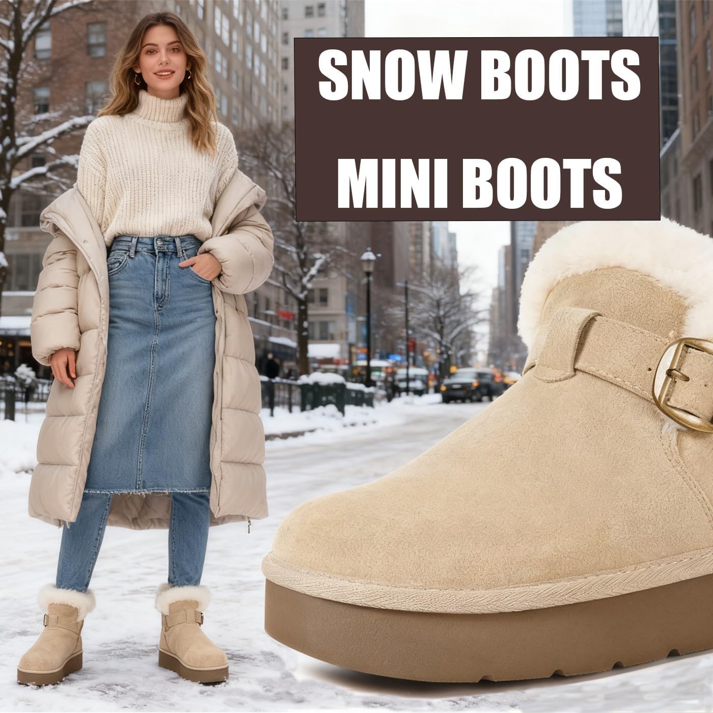 Hsyooes Womens Snow Boots Genuine Suede Leather Mini Boots Anti-Slip Outdoor Winter Ankle Booties Water Resistant Warm Faux Fur Lining,Apricot,40