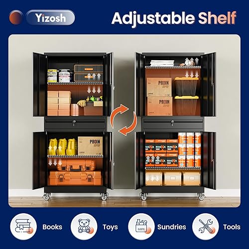 Miniatura 5 de Yizosh Armario de almacenamiento de metal para garaje con puertas de bloqueo y estantes ajustables, armario de almacenamiento de herramientas