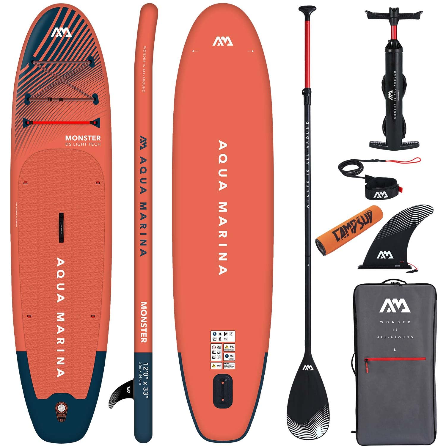 Aqua Marina Monster 12'0" – Tabla de surf hinchable todoterreno para principiantes, juego completo – edición limitada roja