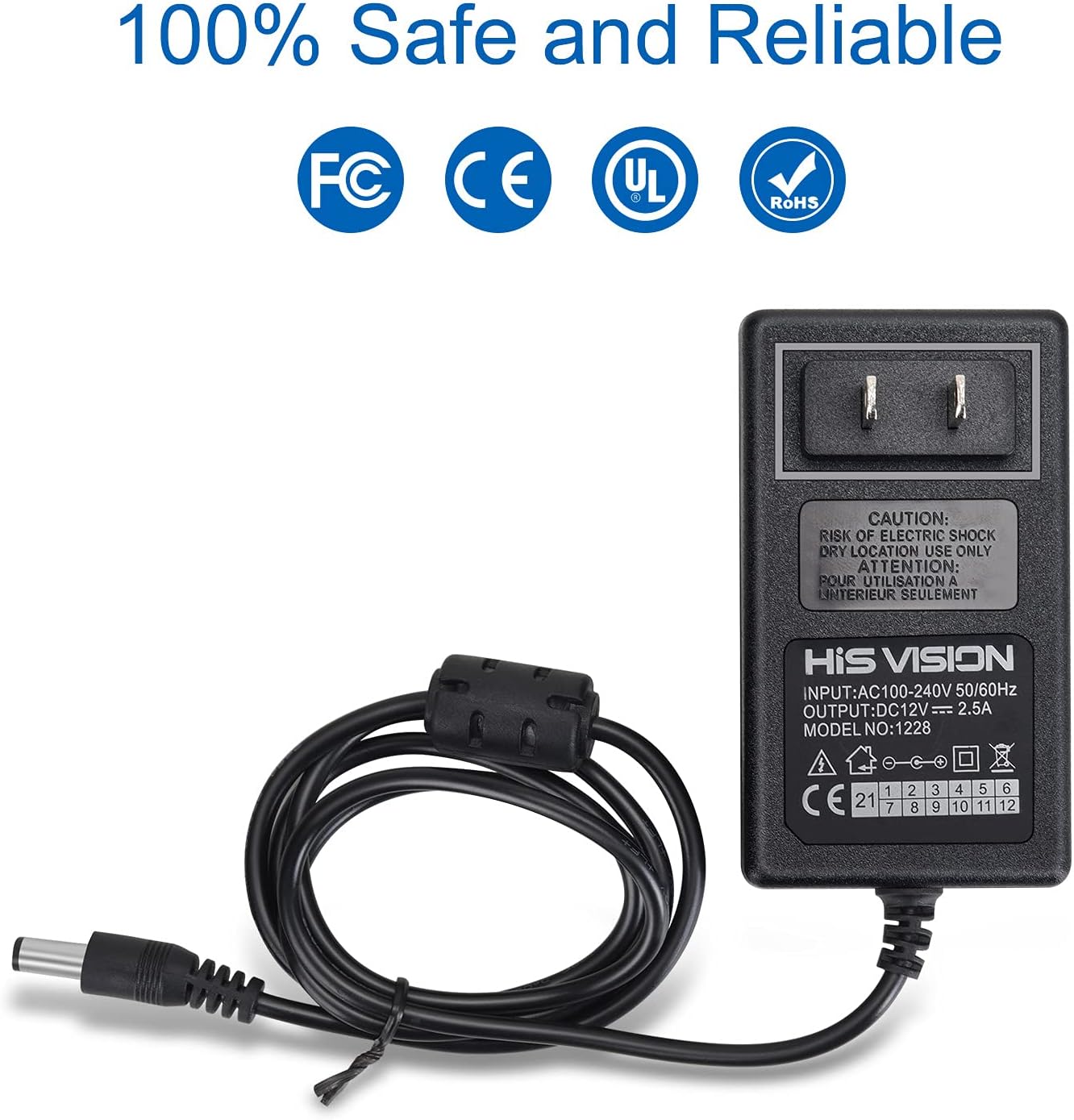 HISVISION Security Camera Power Supply Adapter 12V 2.5A 100V-240V AC to DC with 4-Way Power Splitter Cable -Fits CCTV Camera DVR NVR Surveillance System