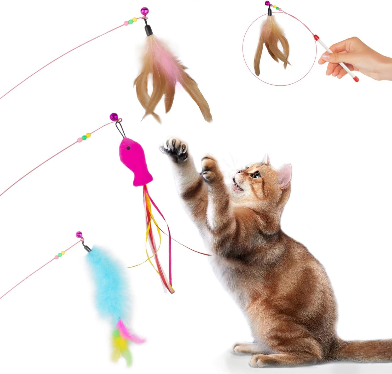 KABB Cat Feather Toy, 3pcs Flexible Steel Wire Cat Toy Wand Kitten Chaser Teaser Wand with Beads Bells and Feather for Cat Having Fun Exerciser Playing