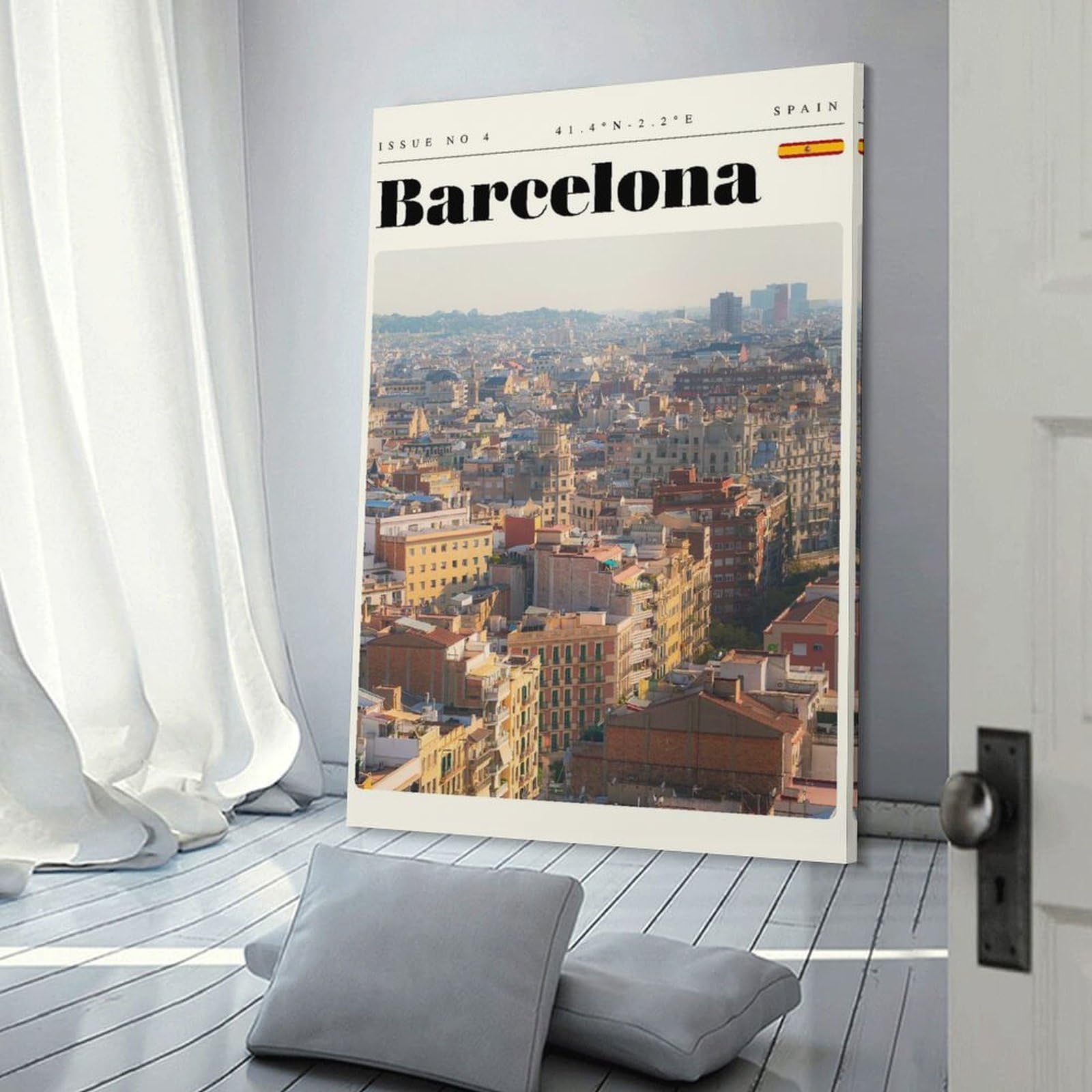 Junmoney Frame-Style-4 Barcelona Spain Travel Art Home Decor Wall Art 24X36inch(60X90cm), For Restful Interiors, Bedrooms Or Small Rooms, Decorative Wall Art For Cosy Rooms