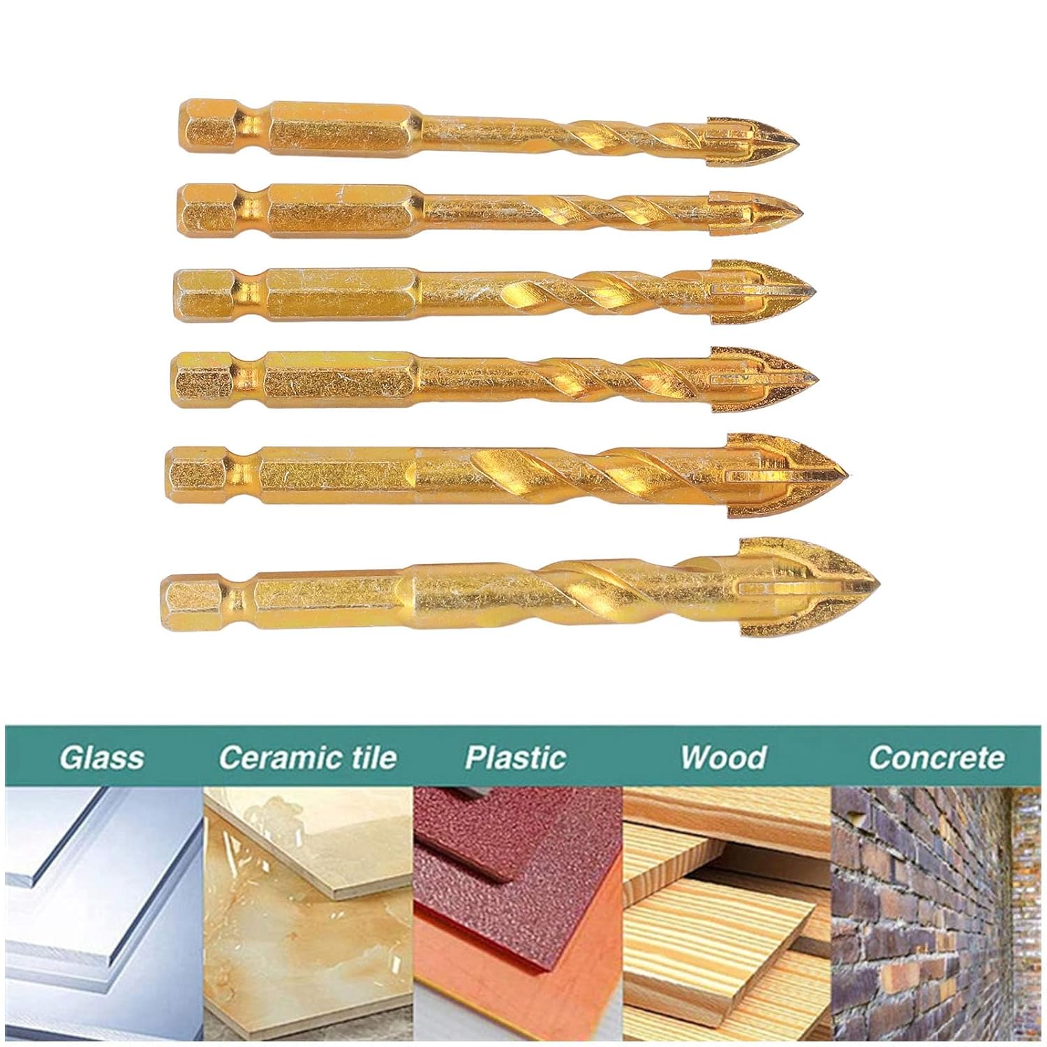Topyond 6Pcs Cross Spearhead Drill Bit, Cemented Carbide, Carbide Hex Shank Drilling Tool for Ceramic Marble Glass