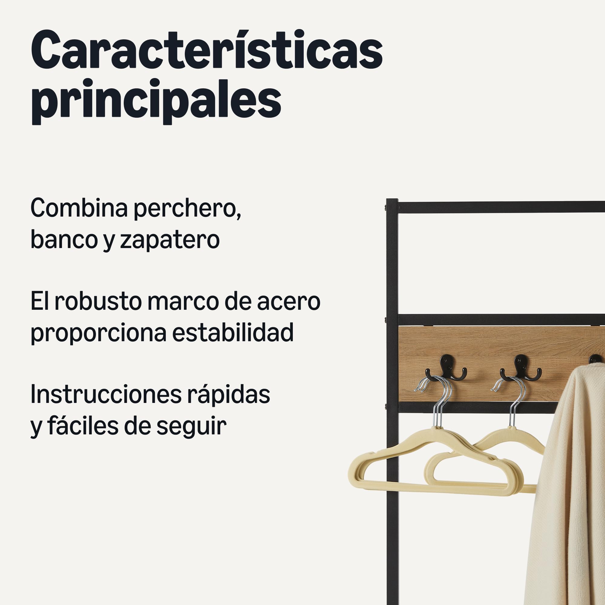 Amazon Basics, Banco de Entrada con Ganchos, Perchero, Perchero, Arbol de Pasillo con Almacenamiento de Zapatos, 34 x 72 x 182 cm, Roble