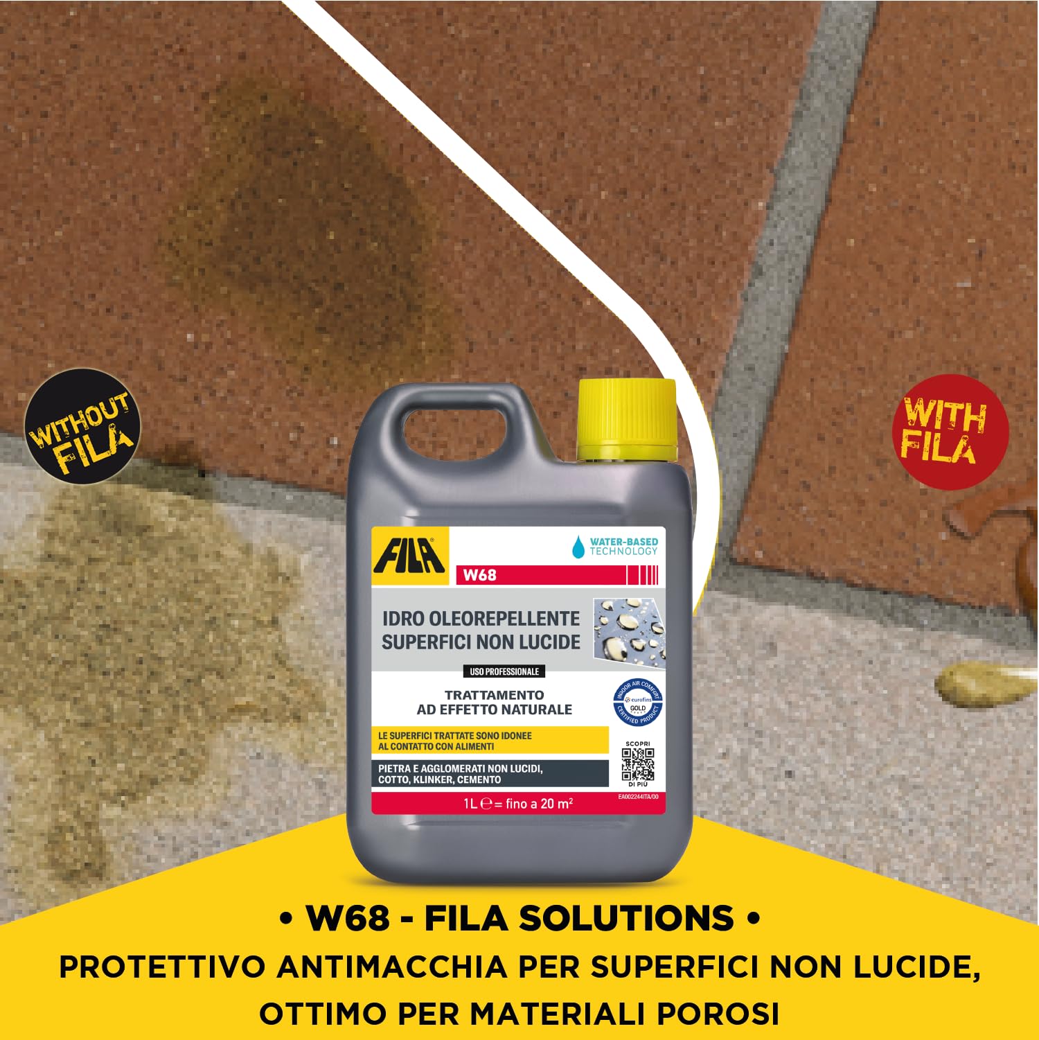 FILA Surface Care Solutions, W68 Imprägnierung, transparent, schmutzabweisend, für nicht-glänzende Oberflächen, Leak Proof-Effekt, wasserabweisend, für Natursteine, 1 l
