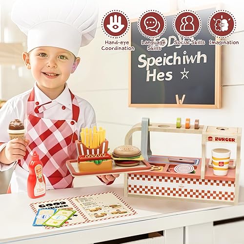 Miniatura 7 de Lehoo Castle Juegos de comida de madera para jugar, tienda de mostrador de hamburguesas, comida de juguete para niños pequeños, juegos de comida