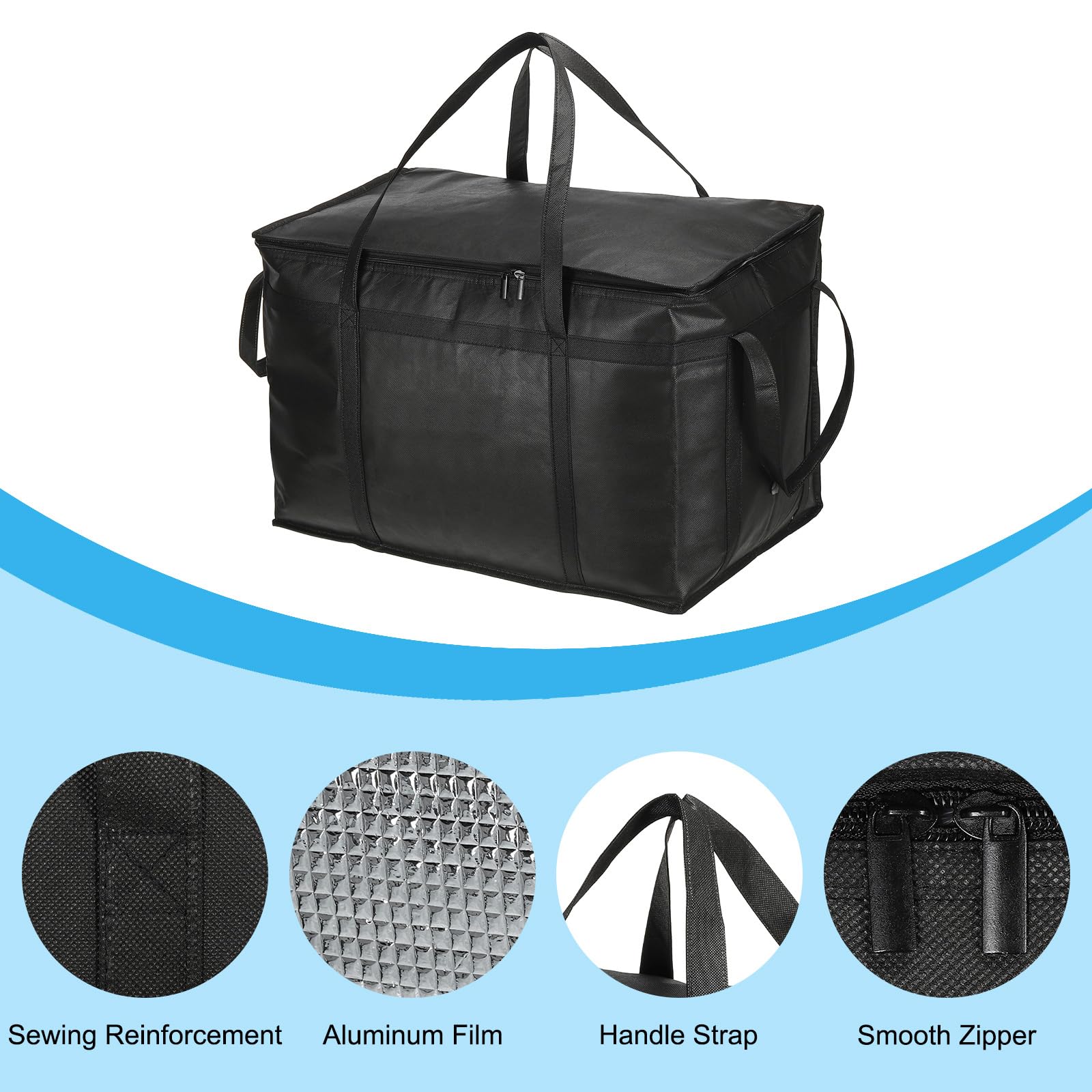 PATIKIL 23"x14"x15" Isolato Riutilizzabile Borsa, Isolato Raffreddatore Tracolla Borsa con Cerniera Lampo/Carta Pieghevole per Caldo Freddo Cibo Trasporto Compere, Nero