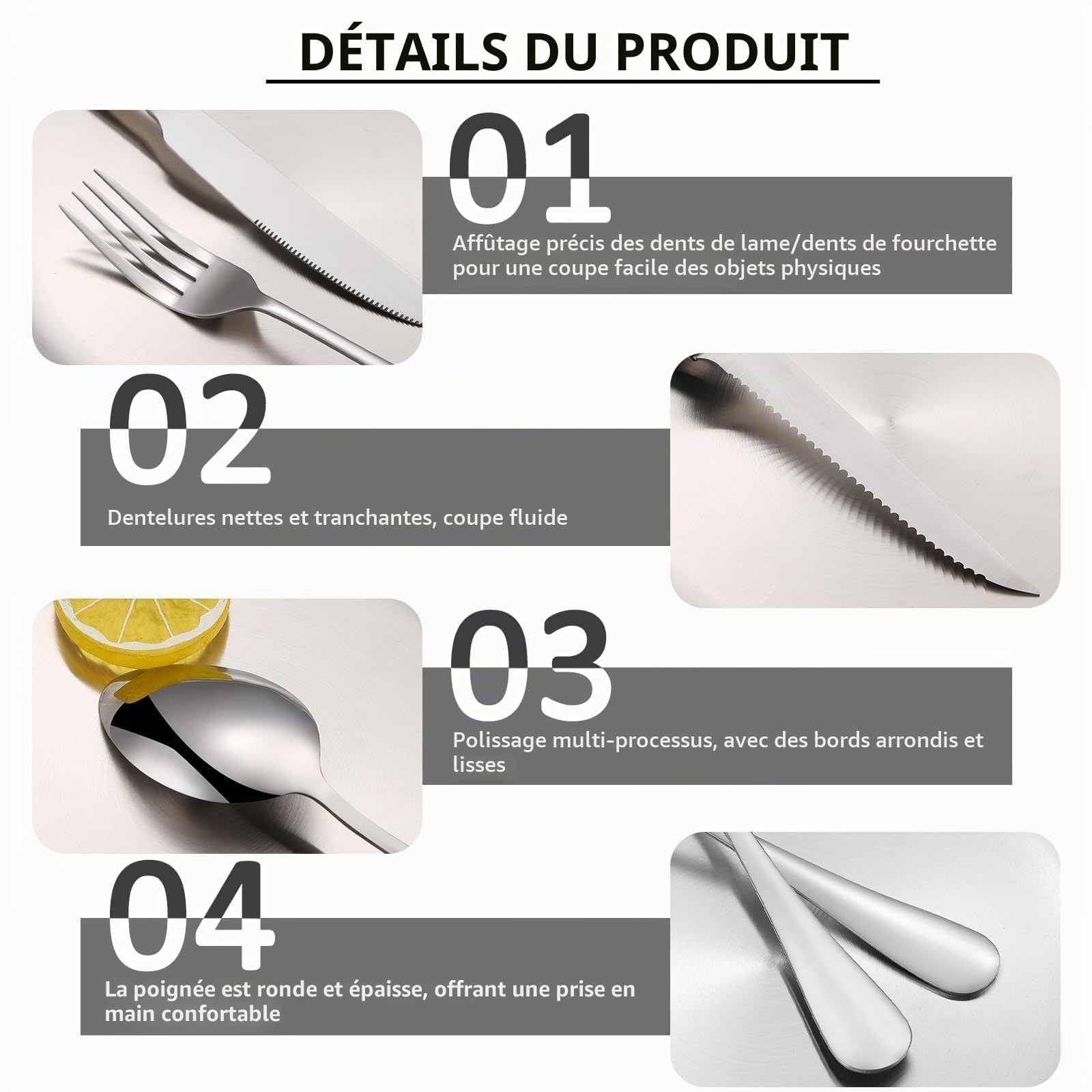 Couverts de Camping en Acier Inoxydable pour 4 Personnes avec cuillère, Fourchette, Couteau, Assiette Clip