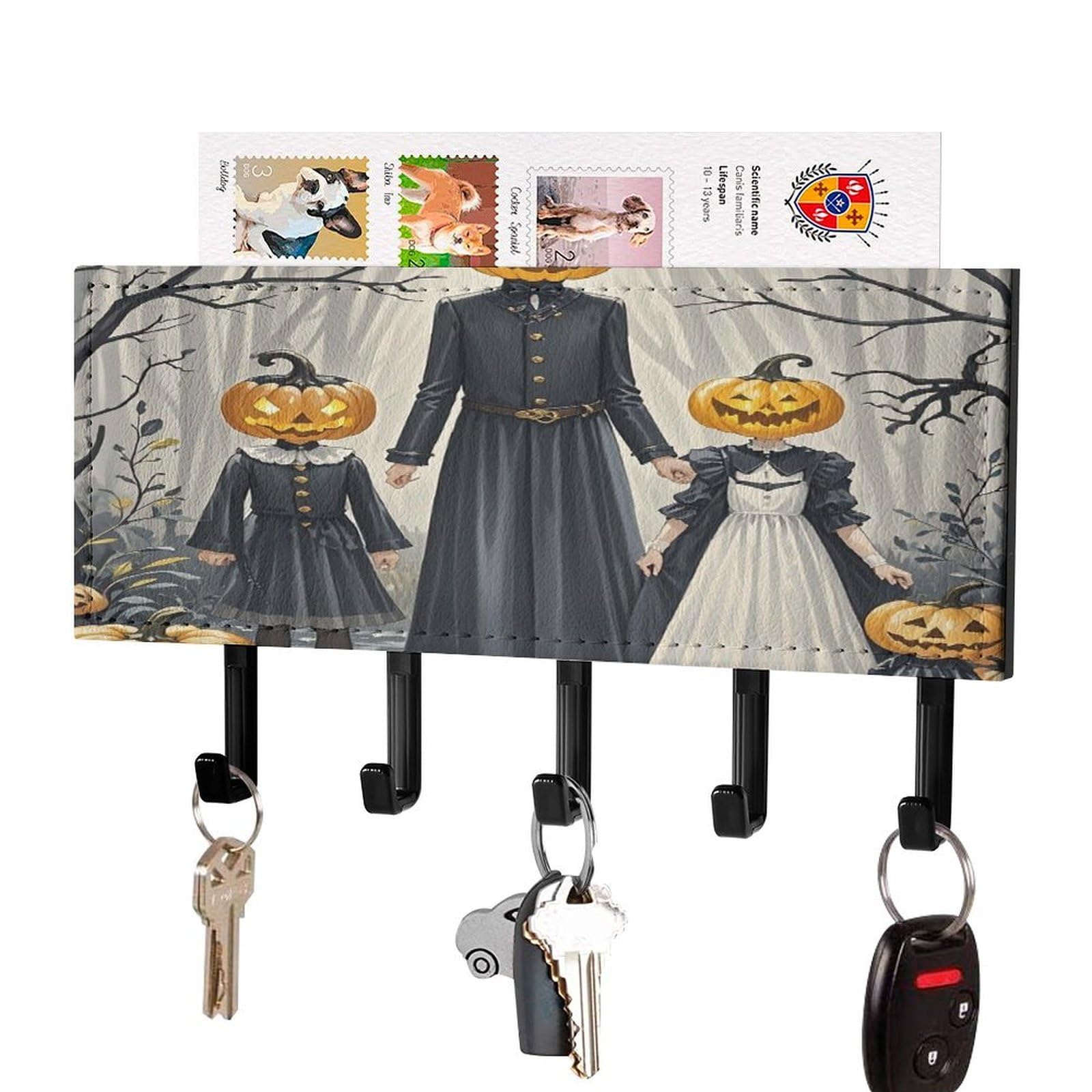 FekiLoot Pumpkin Head Family Key Holder for Wall Decorative Mail Organizer with 5 Key Hook Self Adhesive Key Rack with Tray Coat Rack Wall Mount Key Hanger Decor for Entryway Door