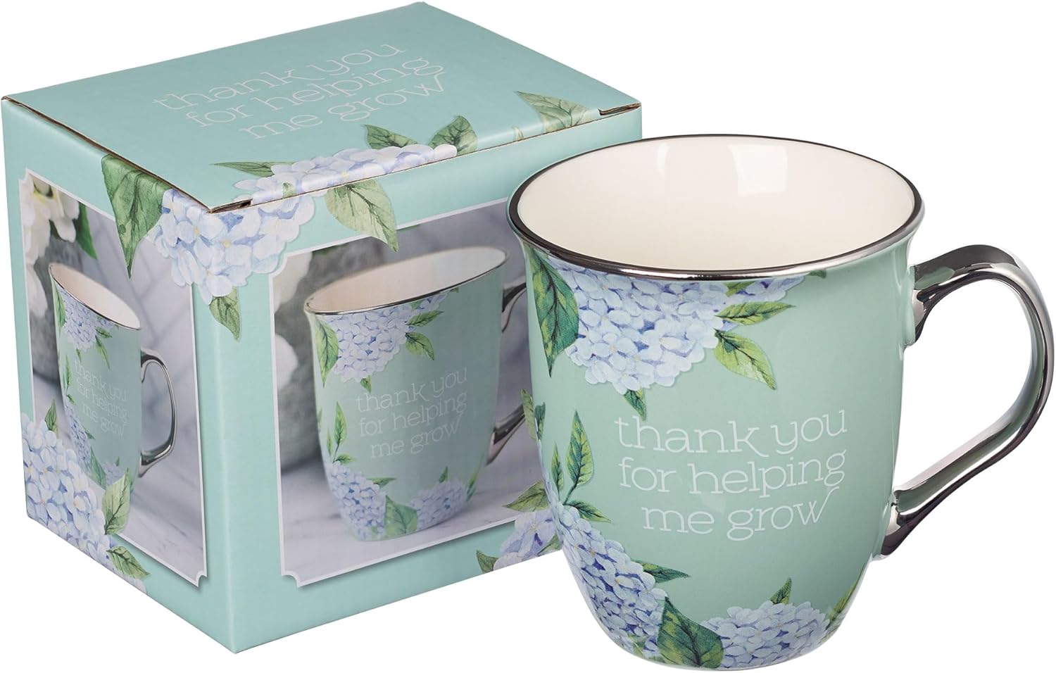 WITH LOVE Inspirational Coffee Mug for Teachers/Mentors Thank You for Helping Me Grow Blue Hydrangea Mint/Cream Ceramic Drinking Cup, Large 14oz - Image 4