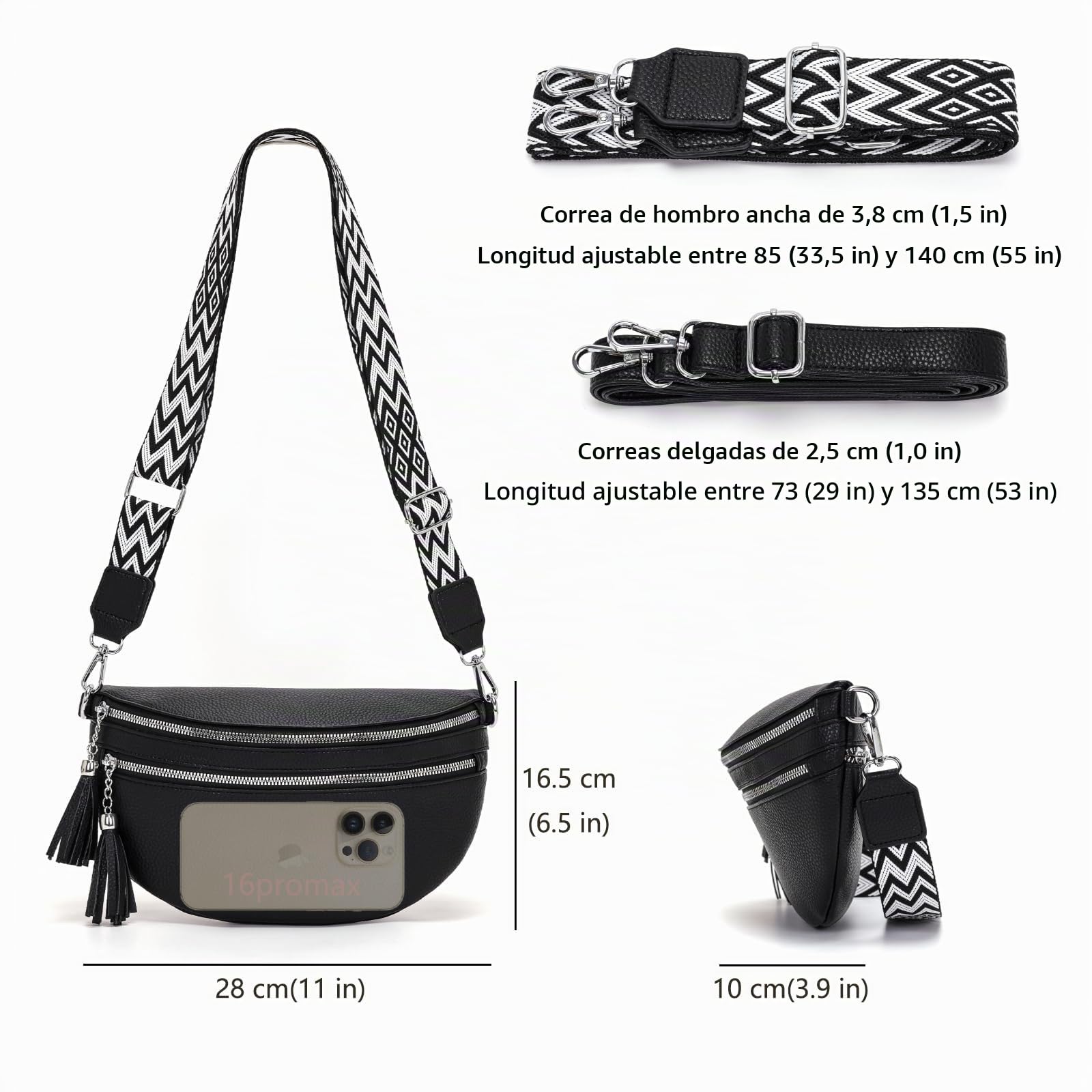 LANXINGLUO bolso riñonera mujer bolso bandolera mujer Con compartimento para tarjetas de crédito y 2 correas para el hombro negro