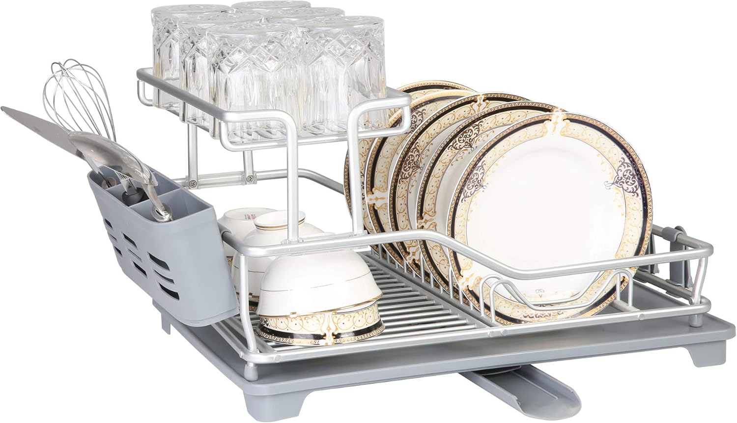 Dish Drying Rack with 360° Swivel Drain Board and Drain Spout,2 Tier Stainless Aluminum Dish Rack for Kitchen Countertop,Cutlery Holder with Removable Plastic Tray,Grey (21” x 15” x 10.6”)