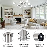 Vista 6 de Sputnik - Lámpara de techo, 8 luces de níquel cepillado, lámpara Sputnik moderna de mediados de siglo, lámpara Sputnik para dormitorio, cocina