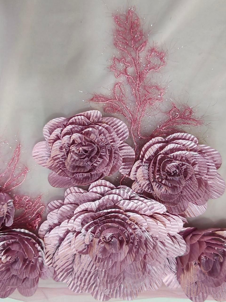 Dhudki Pleated Flower Work net Fabric Work | Fabric for Multi Purpose use Like Kurti, Dress, Gown, Frock,Material | 5 Meter Bottom, Width 60'' in..., Work Hight 7'' in.. |-image-1