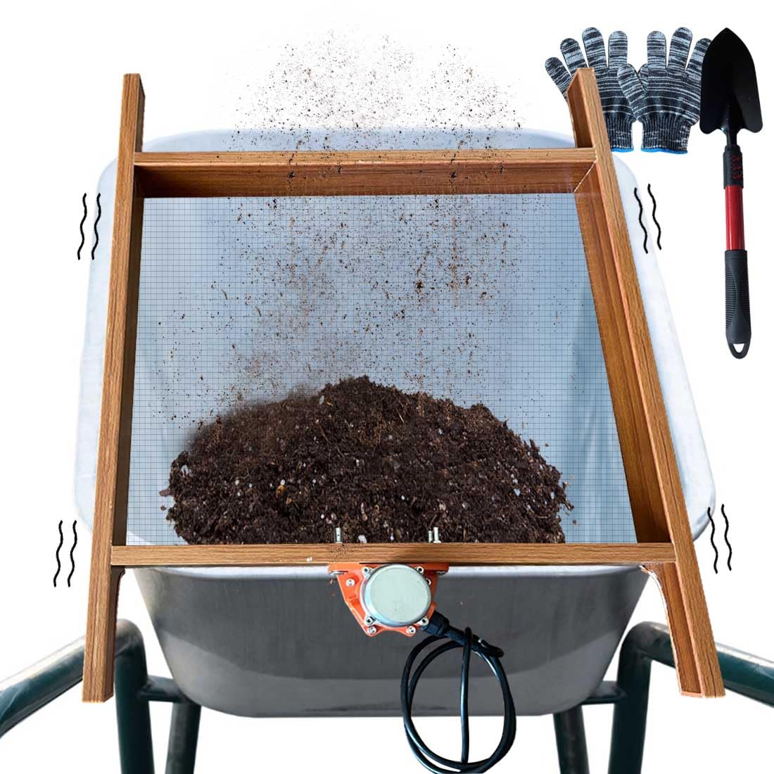 Ultra-Efficient Soil Sifter with Vibration Motor, Large Capacity Stainless Steel Screen for Sand, Rocks, and Compost, Fits Most Size Garden Yard Wheelbarrow Carts, 110V Plug with Switch