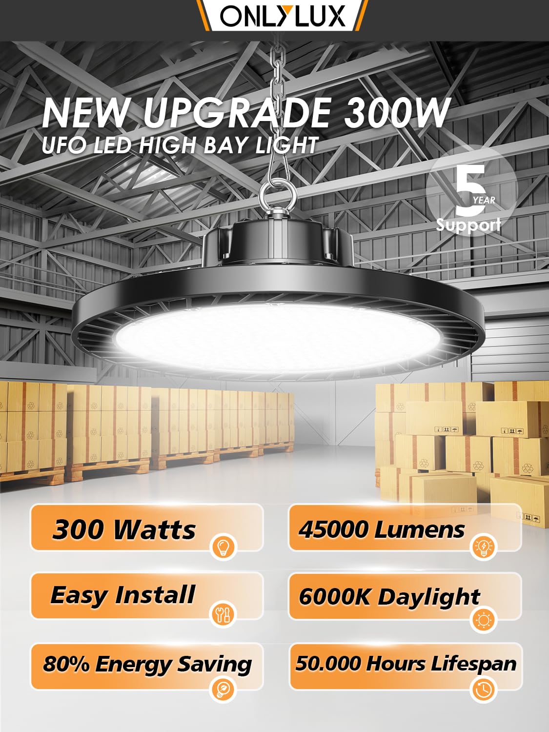 ONLYLUX UFO LED High Bay Lights 300W 4Pack 45000lm Super Bright