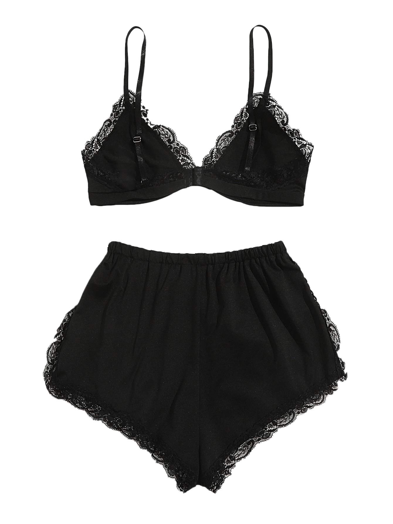 SweatyRocks Women's Lace Trim Underwear Lingerie Sets Sexy V Neck Bra and Panty Set Pajama Sets: Small Solid Black