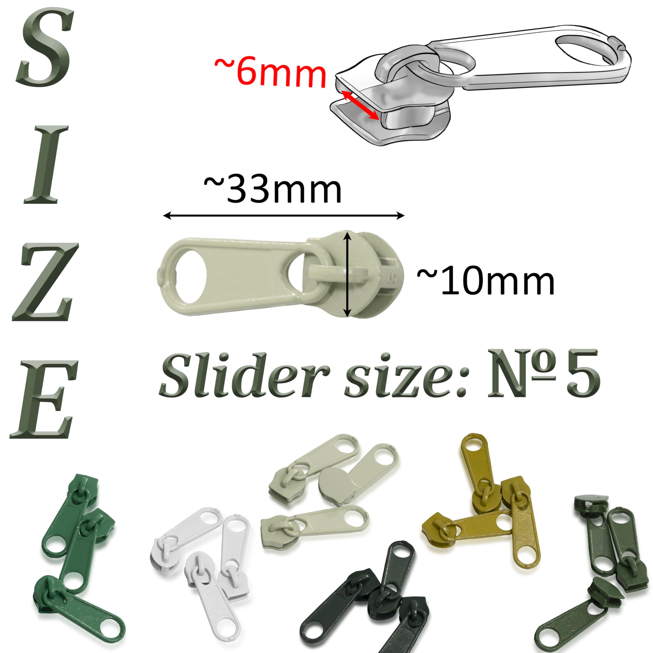 Aerzetix Kit Cerniera Lampo a Spirale 6x1 m Verde N°5 18 cursori Metallo Non bloccabile