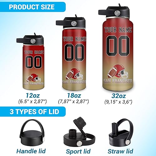 Miniatura 5 de Hyturtle Botella de agua personalizada de jersey de fútbol, botella de acero inoxidable personalizada de 18 onzas y 32 onzas con tapa con pajilla,
