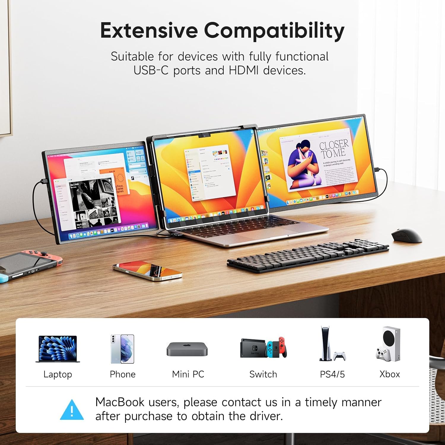 14" Laptop Screen Extender,FHD 1200P IPS Triple Portable Monitor,Dual Travel Screen Plug & Play,Laptop Monitor Extender for 14"-17.3",Compatible with Windows/Mac/Android & Chrome OS