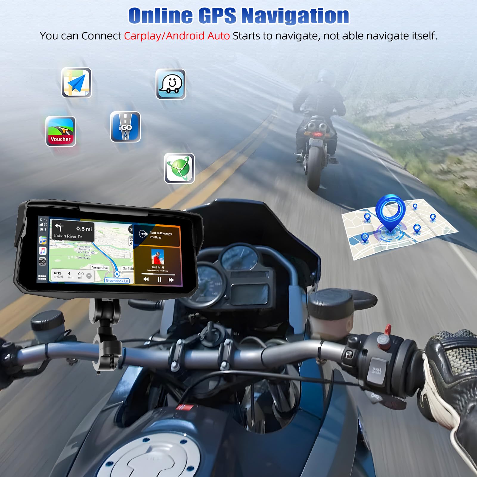 [2026] CAMECHO Wireless Carplay Pantalla de Motocicleta de 6.86 Pulgadas con Android Car IP68 Resistente al Agua, Navegador de Pantalla Táctil con Bluetooth Airplay Android Cast EQ Sound + 1280*480 HD
