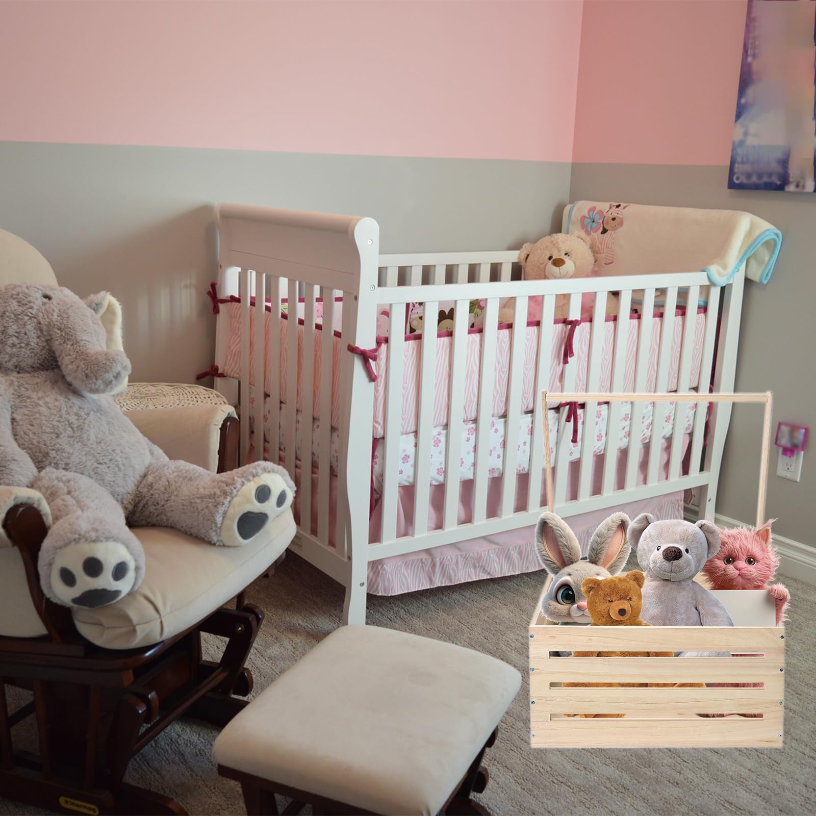 HEVOY Baby Shower Crate Closet, Clothing Organizer Rack for Baby Pets Dolls, Wooden Baby Shower Basket with Handle, Baby Personailzed Storage Crate Hamper for Pregnancy New Parent