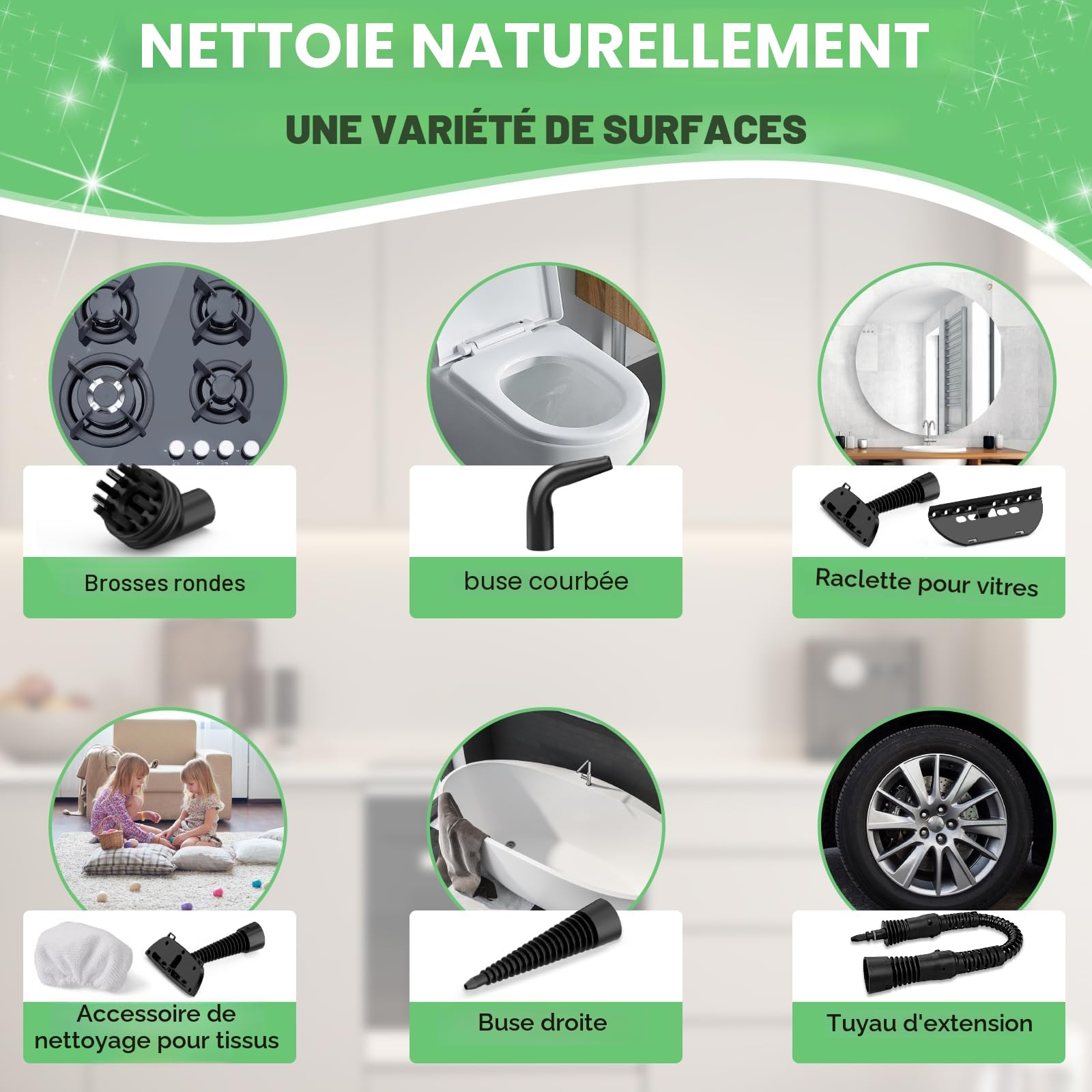 Nettoyeur vapeur portable avec 10 accessoires - Nettoyeur vapeur pour meubles rembourrés - Avec verrouillage de sécurité - Pour la maison, la voiture, les sols (Blanc)