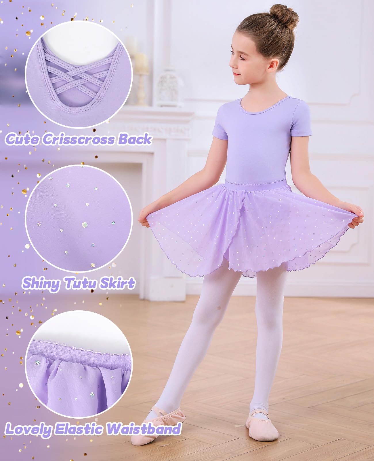 Robe de Ballet Justaucorps Danse Fille Manches Courtes Justaucorps Gymnastique Fille en Coton avec Jupe Tutu en Mousseline De Soie 3-11 Ans