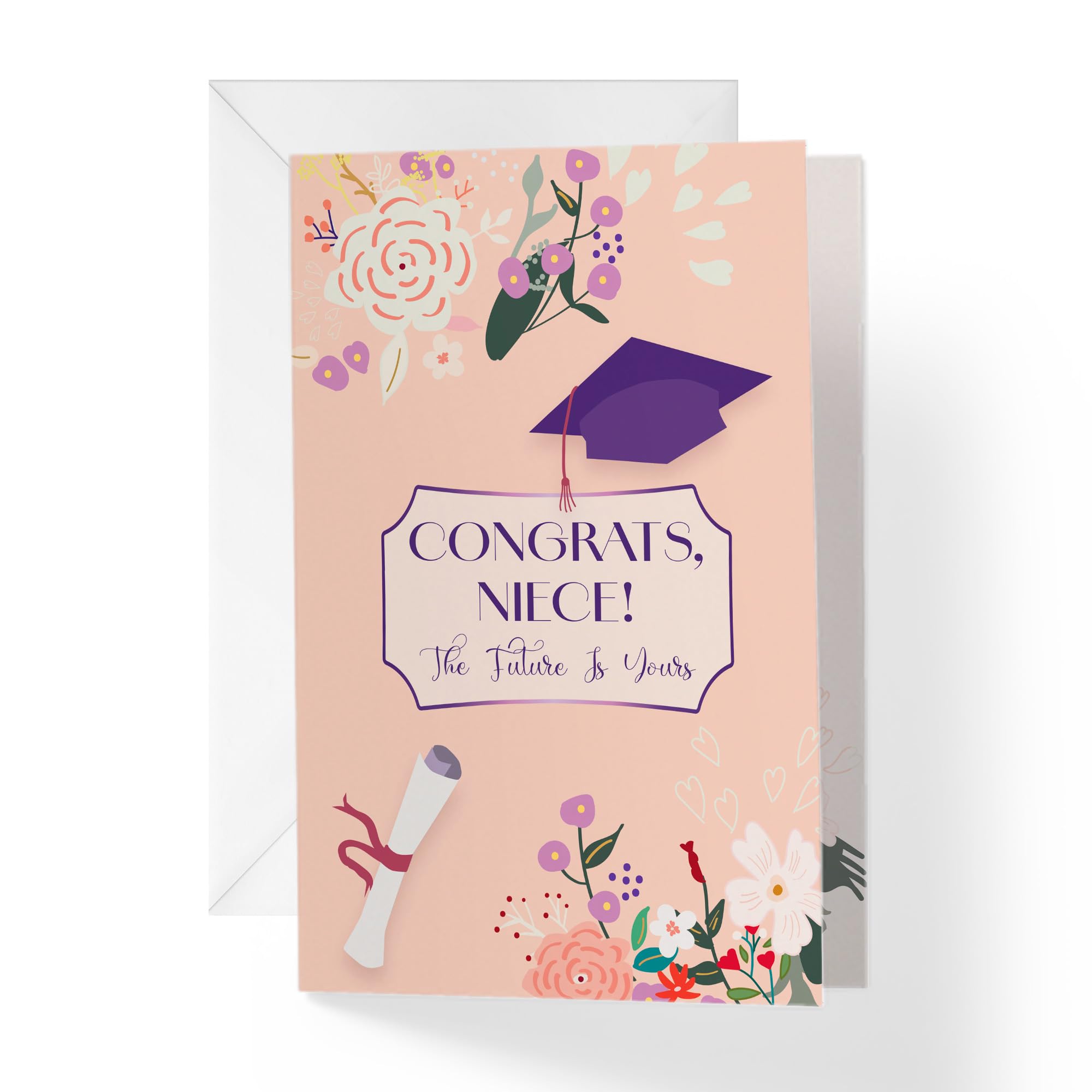1Up Greetings Graduation Card for Niece | Blossoming Flowers Cap and Diploma | Your Card Helps Animals In Need | 5”x7.5” | Single Card + Envelope |