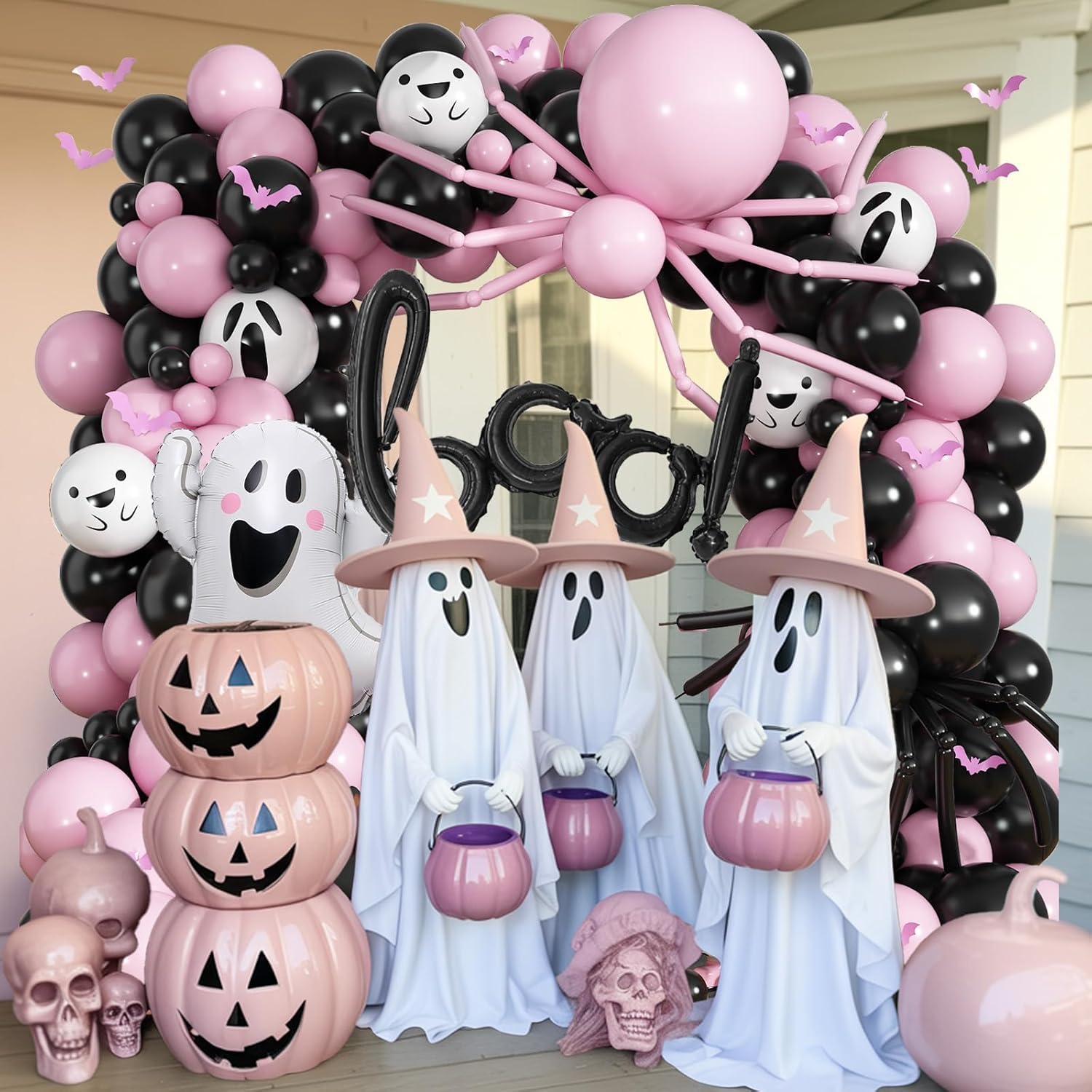 Pink Halloween Balloon Garland Arch Kit, 127 Pcs Pastel Pink Black Halloween Baby Shower Decorations with 3D Bat Little Ghost Boo Foil balloon Cute Ghost Print Balloon for Girls Spooky One birthday - Image 7