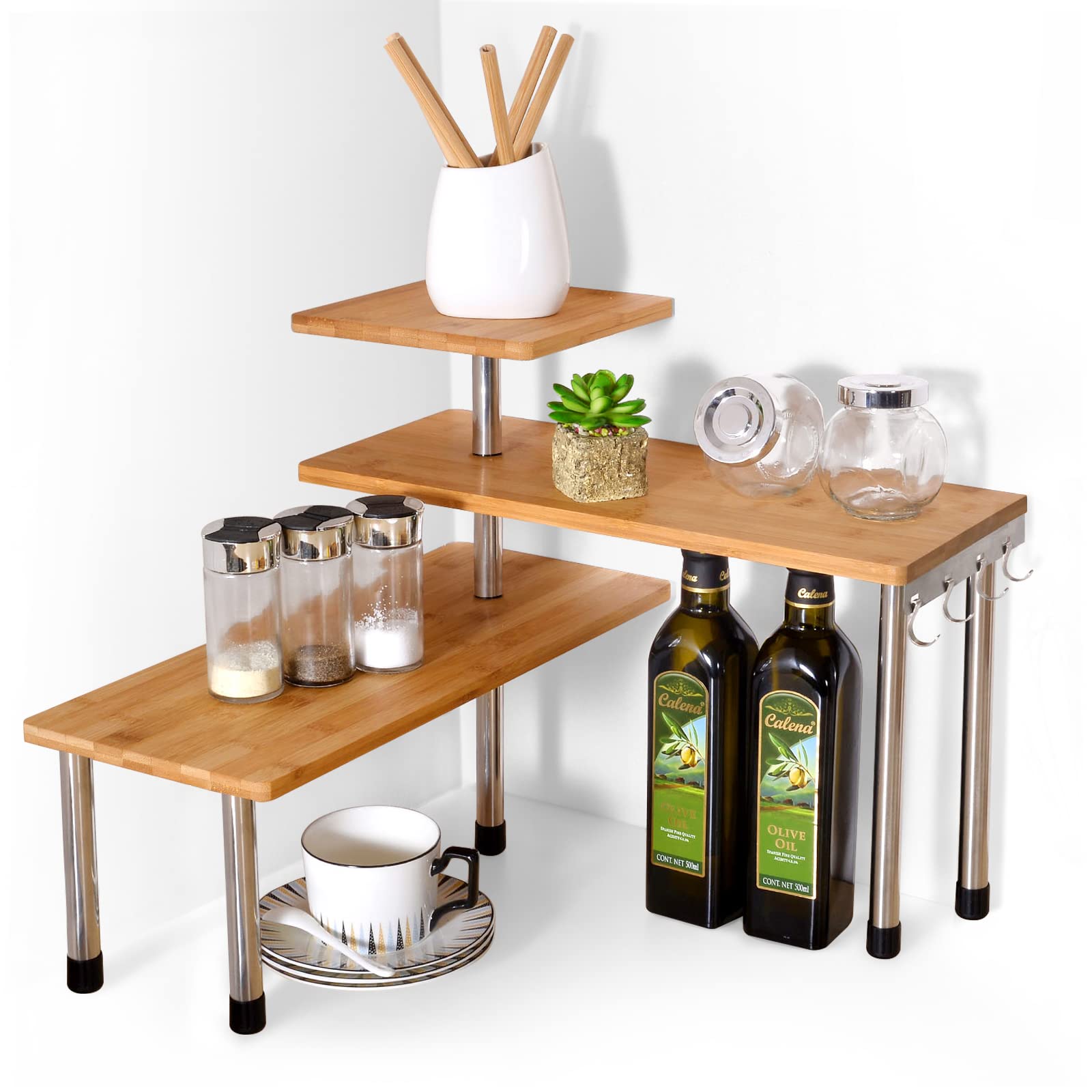 Ollieroo 3 Tier Corner Shelf Bamboo Countertop Organizer Bookshelf