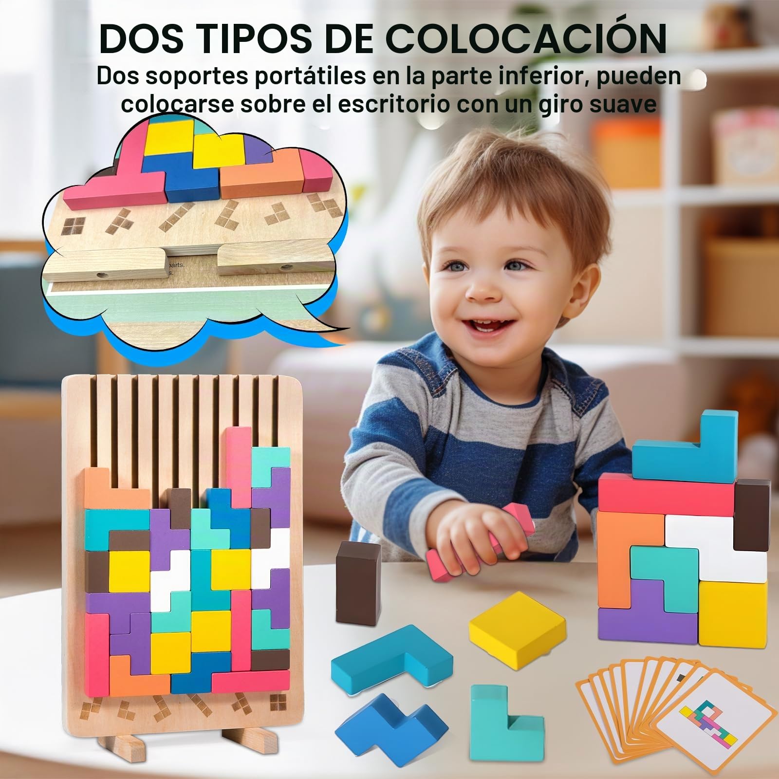 ZLPBAO Puzzle de Madera Tetris con 10 Tarjetas y Bolsa de Almacenamiento, Rompecabezas Niños, Tetris Puzzle 3D Madera,Juguetes Sensoriales, Juegos Montessori 3 4 5 6 Años