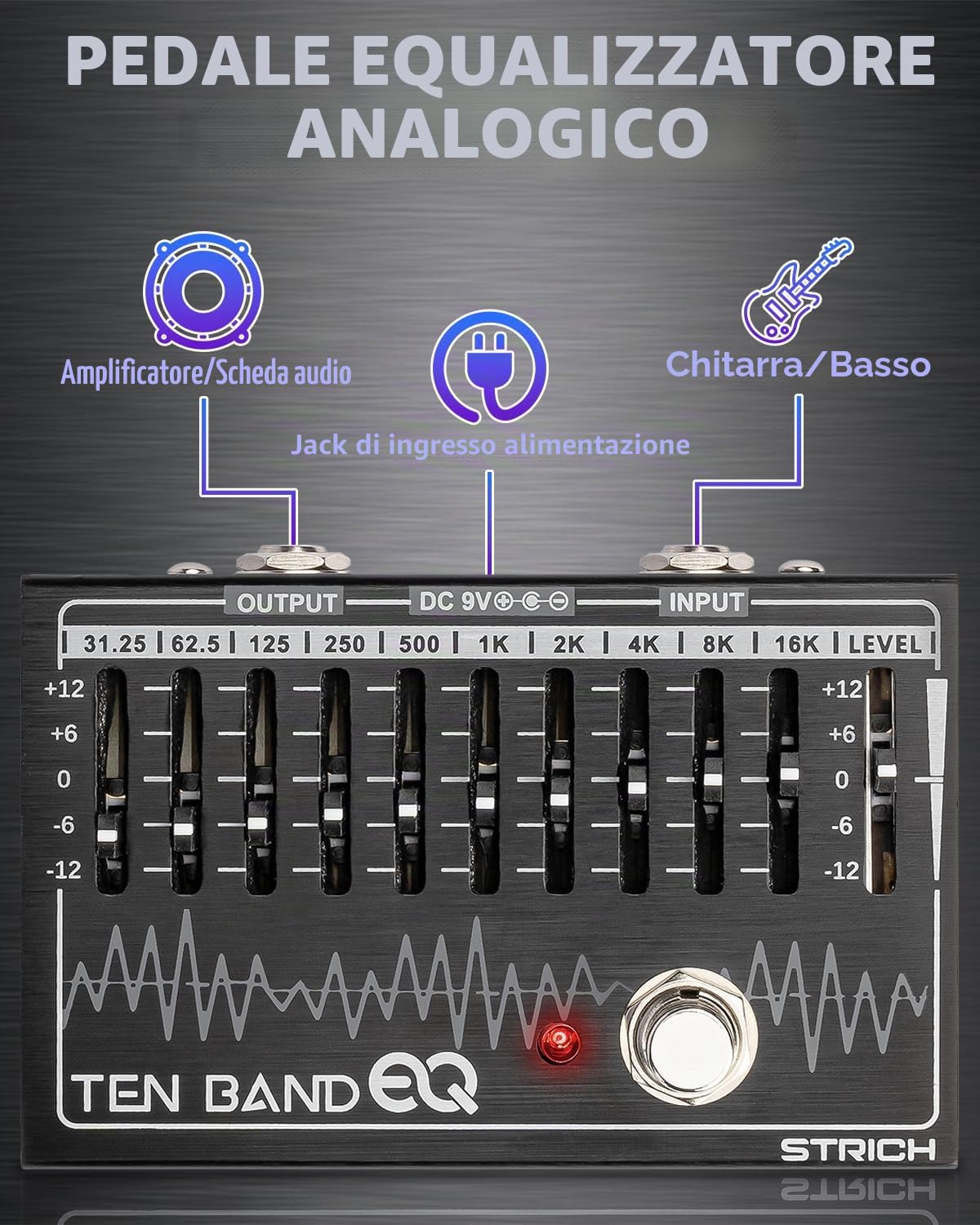 STRICH Pedale EQ per Chitarra Elettrica, Equalizzatore a 10 Bande per Chitarra e Basso, 10 Frequenze (31.25Hz–16kHz) con Guadagno/Attenuazione ±12dB per Ogni Banda, EQ a 10 BANDE