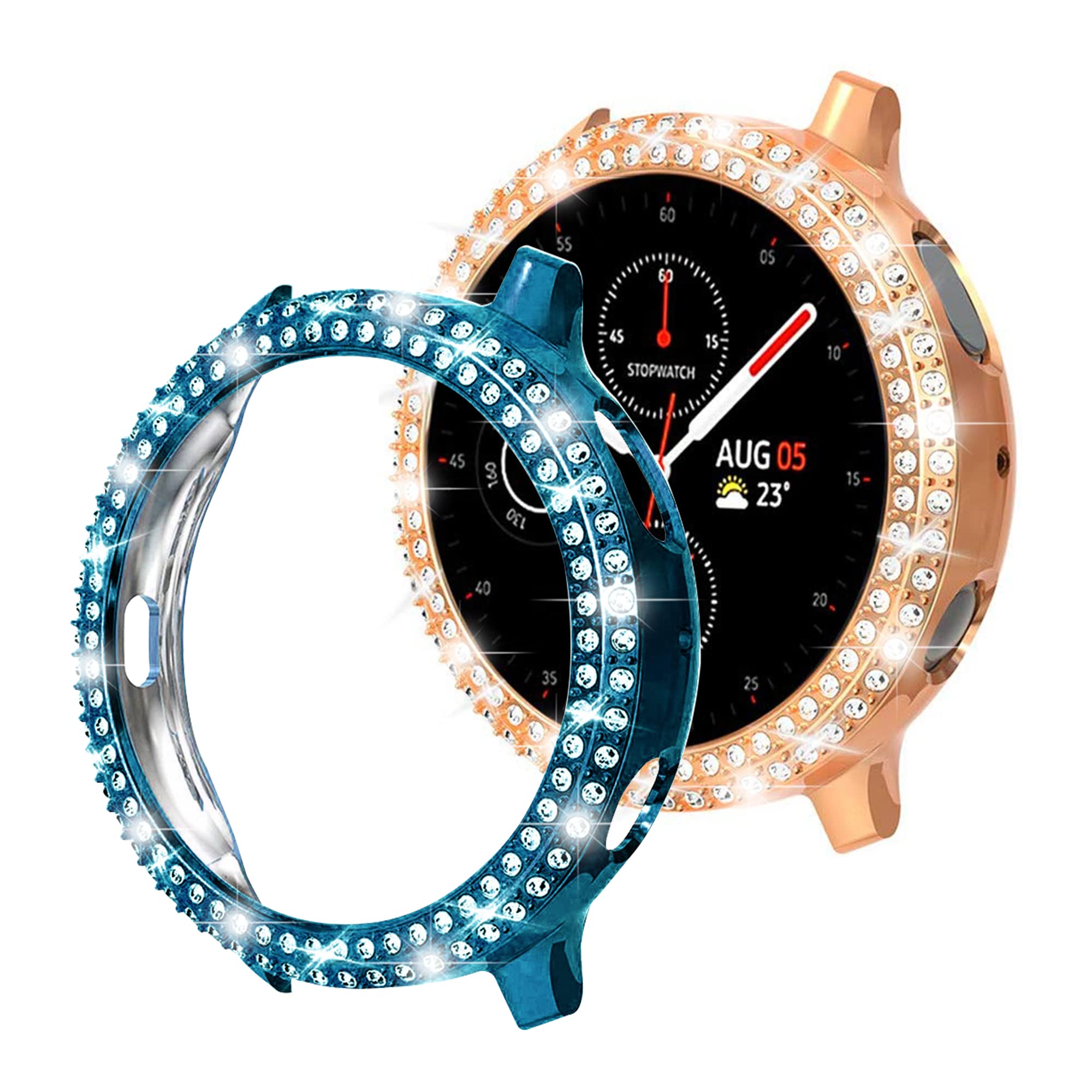 [2-Pack] Bling Protector Case Compatible with Samsung Galaxy Watch Active 2 40mm, Shiny Double Row Diamond Rhinestone Protective Cover Hard PC Bumper Frame (Indigo+Rose Gold, Active 2 40mm)