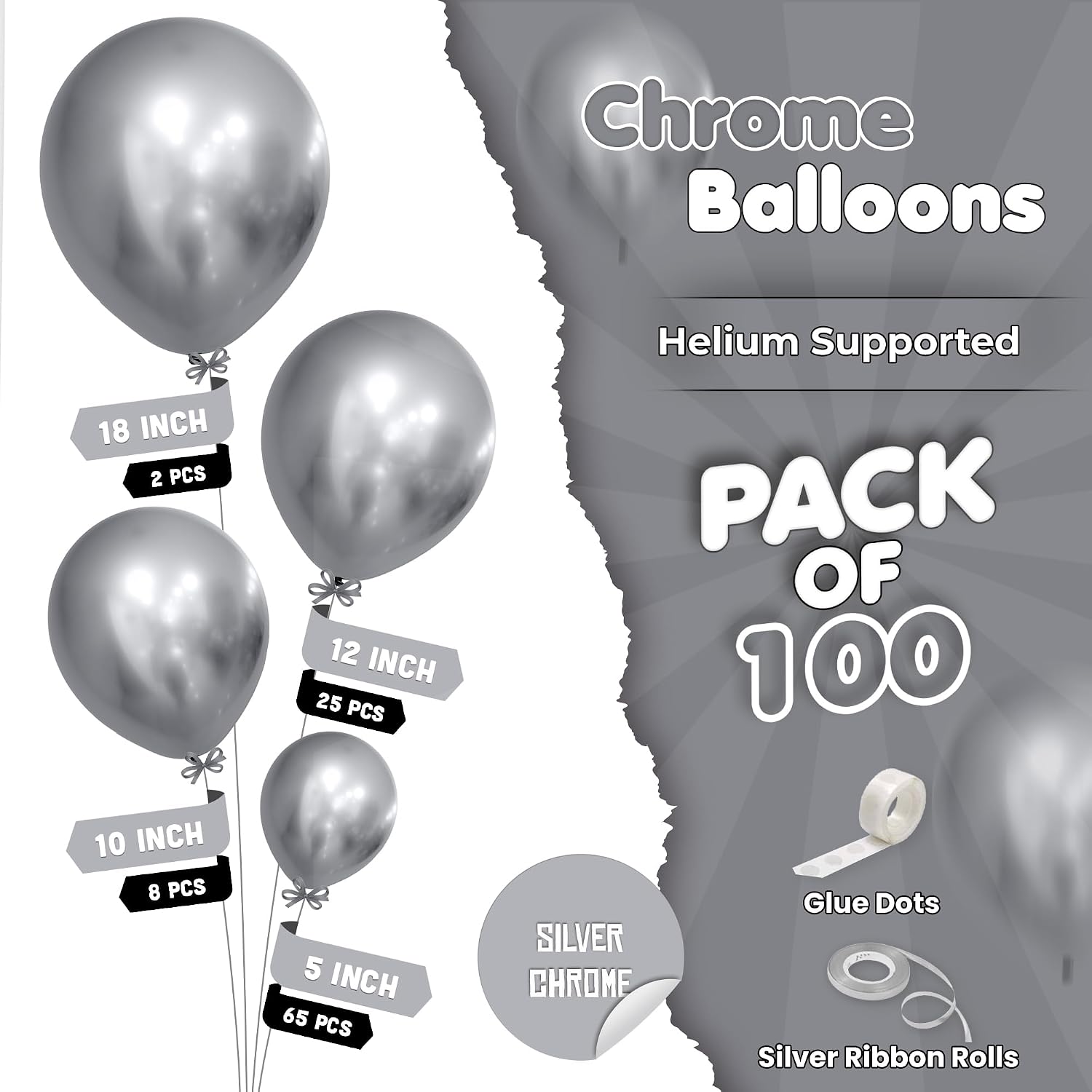 KatchOn, Metallic Silver Balloons Kit - Pack of 100 | Graduation Balloon Arch Kit for Graduation Decorations 2025 | Silver Latex Balloons for Silver party Decorations | Silver Birthday Decorations