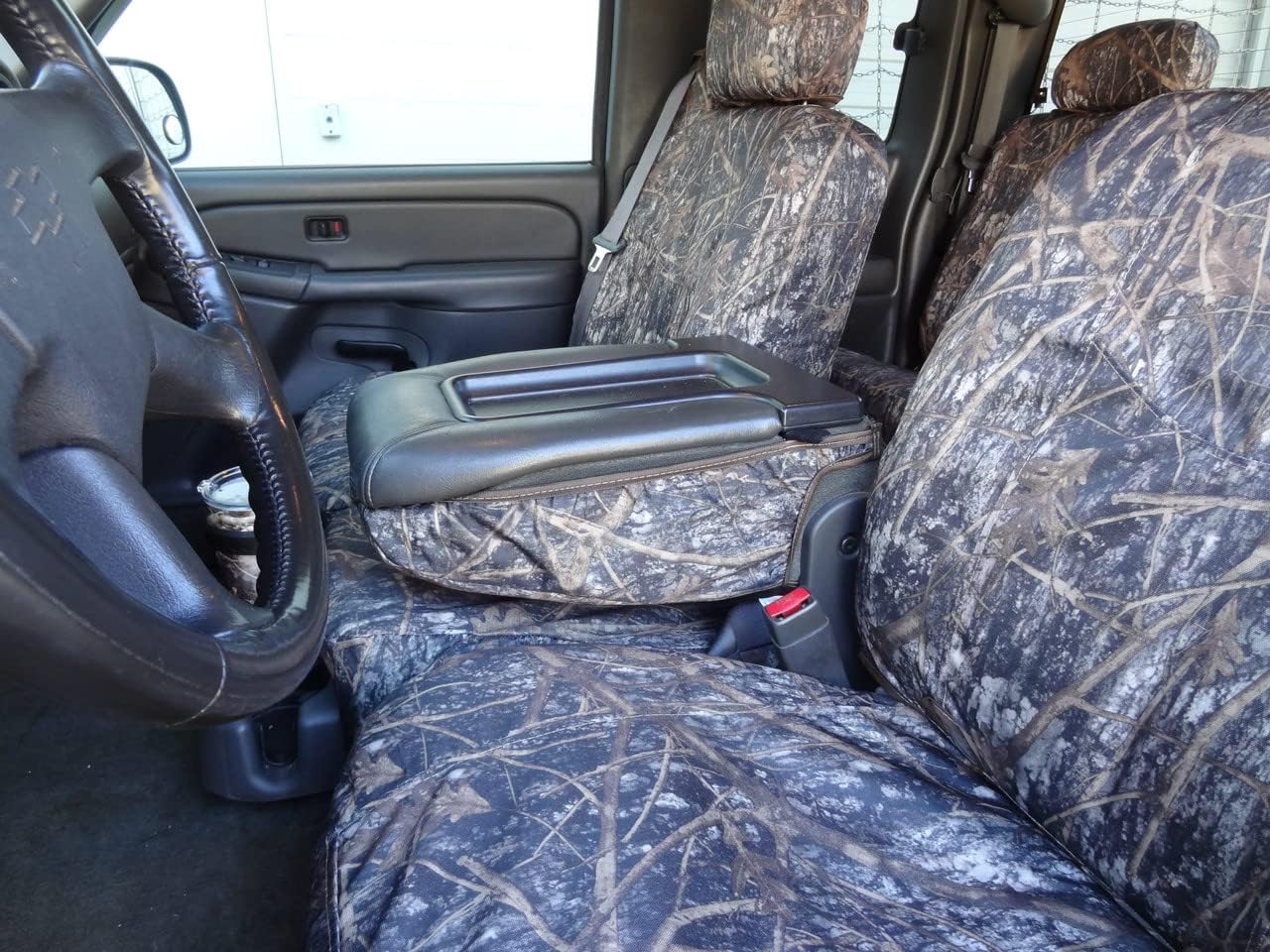 Durafit Seat Covers, SAC Camo Seat Covers for 2003-2007 Chevy Silverado, Suburban and GMC Sierra, Front 40/20/40 with Seat Belts in Top. Electric Driver seat