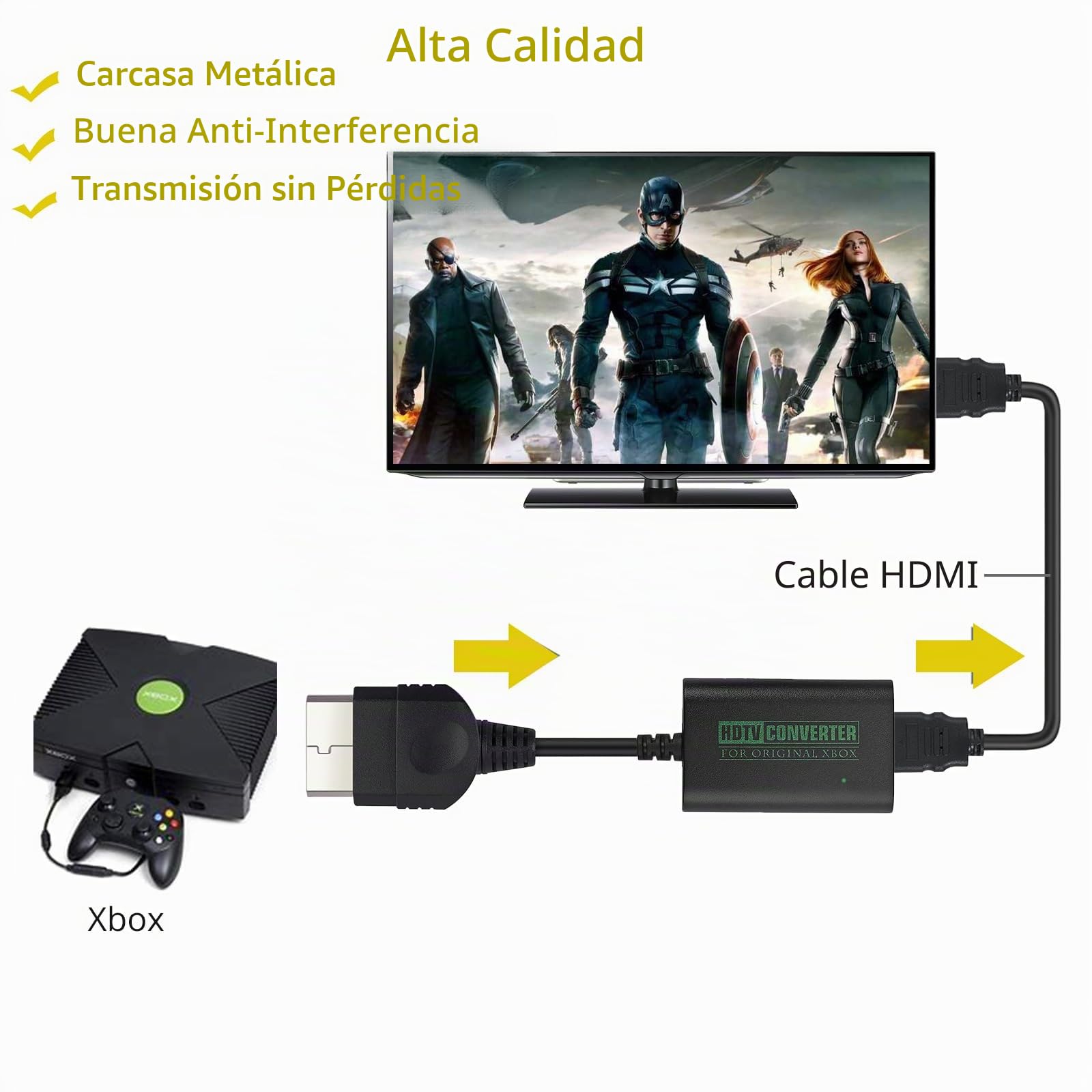 Convertidor de Xbox a HDMI Entrada 480p 720p 1080i Carcasa de Aluminio Plug & Play Compatible con TV HDTV Monitor y Proyector