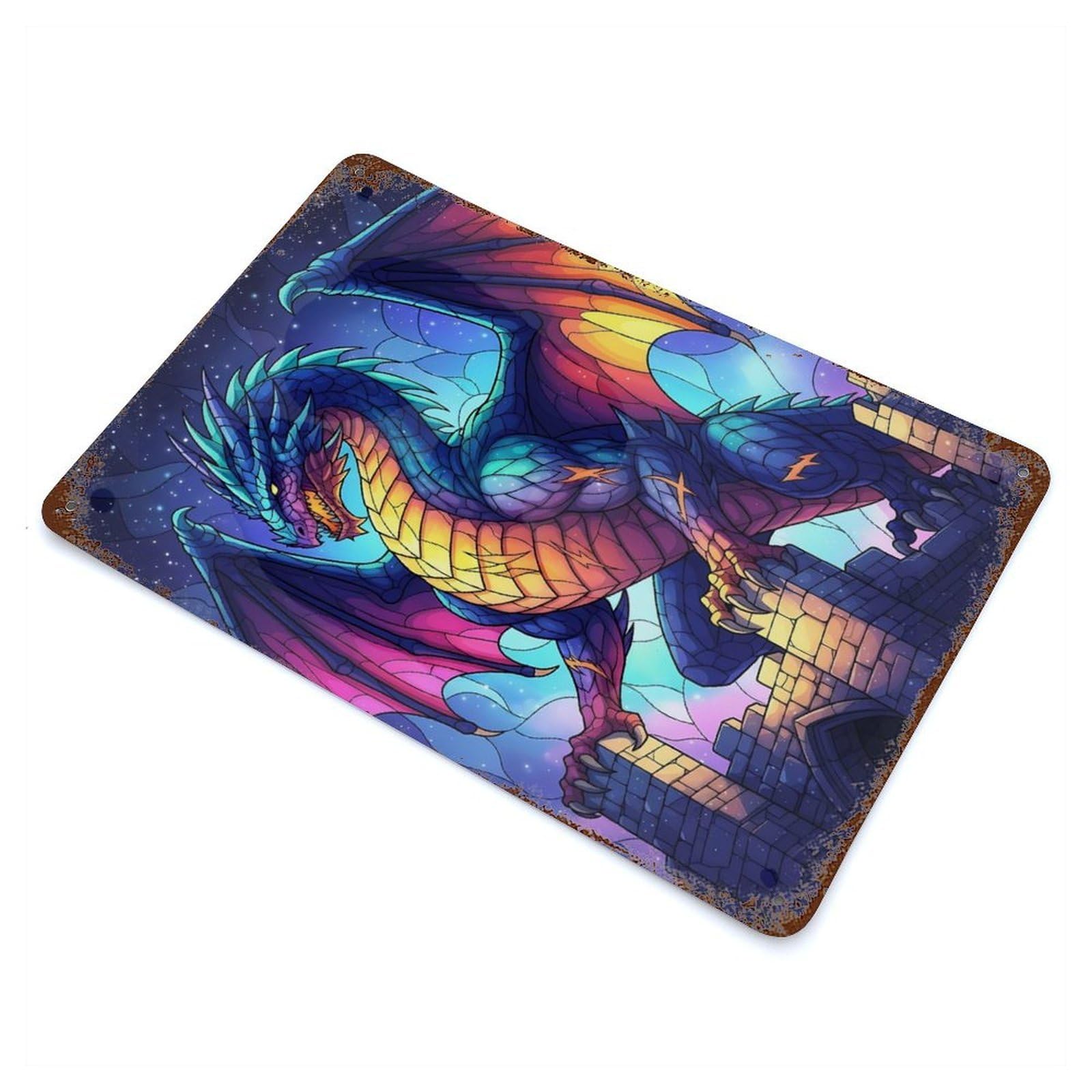 Dragon on Castle at Night Vintage Metal Tin Sign 11.8"x7.9", Farmhouse Wall Decor for Living Room, Hallway And Home Decor