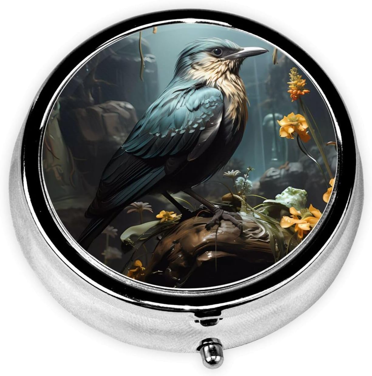 Black Bird and Flower Round Pill Box – Portable Medicine Storage Container for Vitamins, Supplements, Fish Oil, etc.