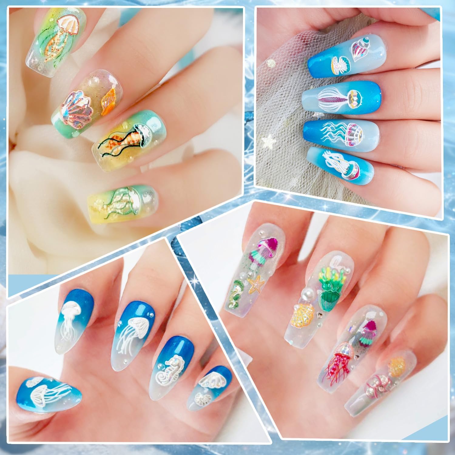 12 Sheets 5D Embossed Ocean Animal Nail Stickers,Summer Nail Art Decals | Jellyfish Nail Decals Seashell Starfish Dolphins Self Adhesive Beach Nail Decals for Women Girl Kids DIY Nail Decor