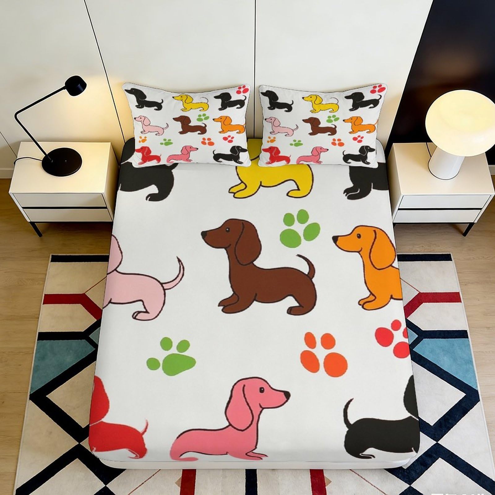 3D Printed Dachshund Cartoon Fitted Sheet Microfiber Soft Colorful Dog Mattress Cover for Bedroom Guest Room Decor 90x200x25cm